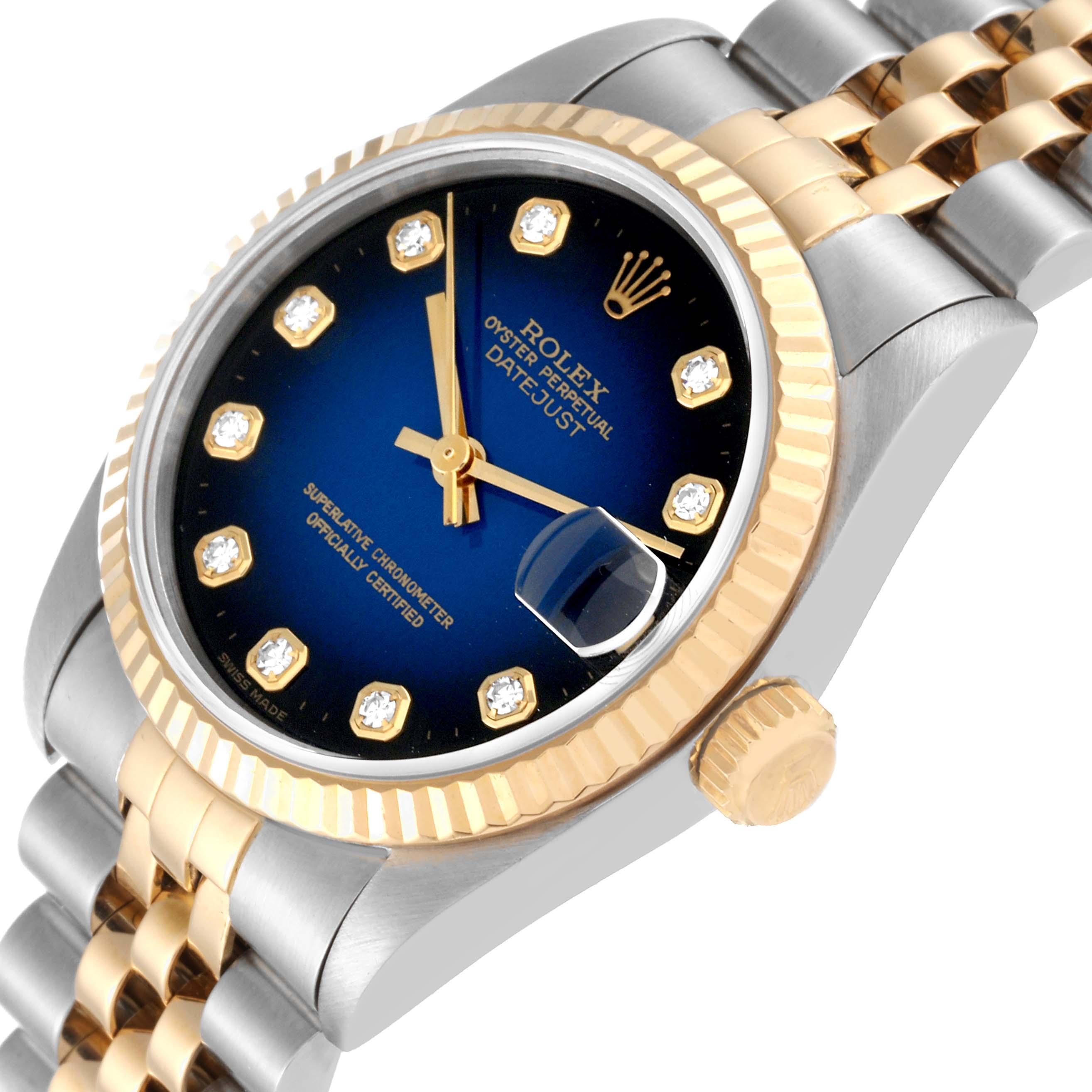 Rolex Datejust Midsize Steel Yellow Gold Blue Vignette Diamond Dial Ladies Watch In Excellent Condition For Sale In Atlanta, GA