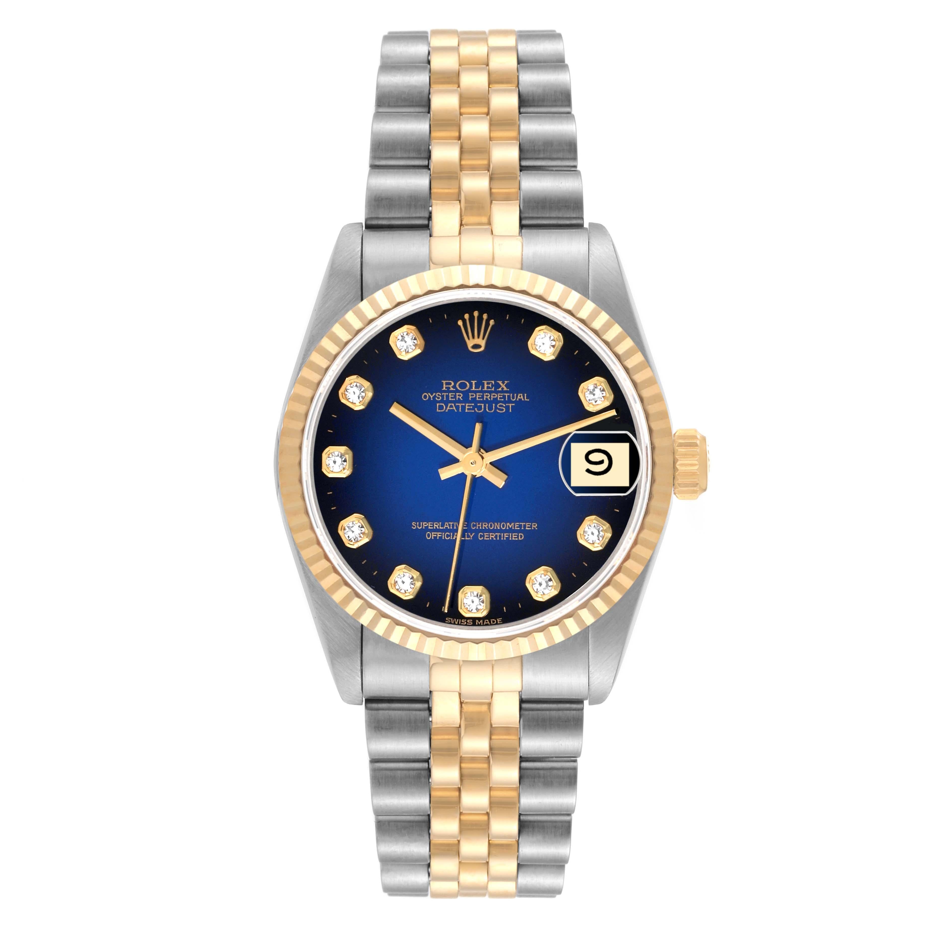 Rolex Datejust Midsize Steel Yellow Gold Blue Vignette Diamond Dial Ladies Watch en vente 1