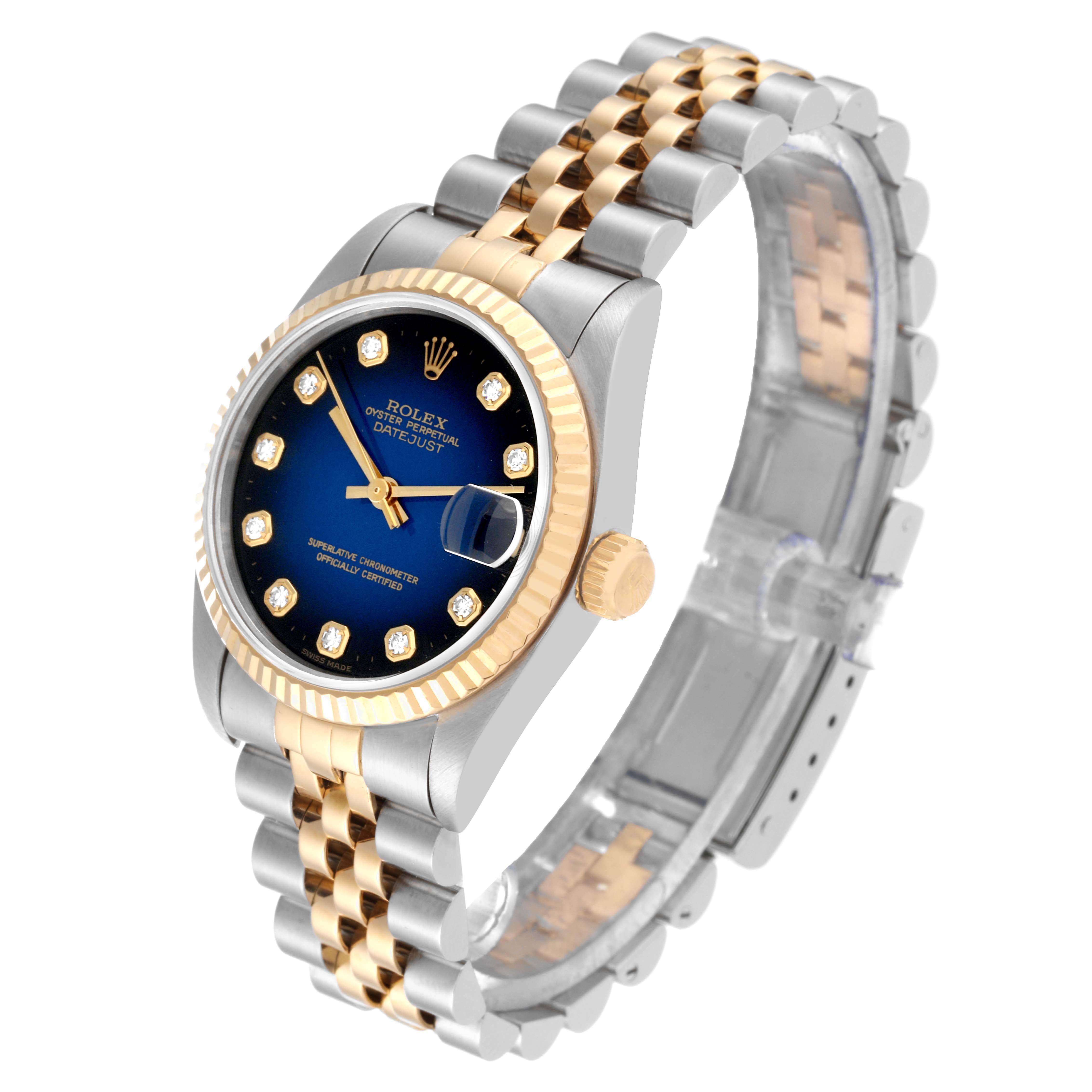 Rolex Datejust Midsize Steel Yellow Gold Blue Vignette Diamond Dial Ladies Watch en vente 3