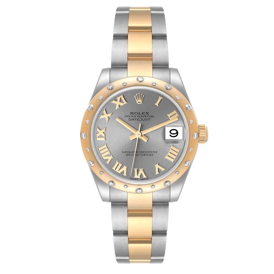 Rolex Datejust Midsize Steel Yellow Gold Diamond Bezel Watch 178343. Officially certified chronometer self-winding movement with quickset date function. Stainless steel and 18K yellow gold oyster case 31.0 mm in diameter. Rolex logo on the crown.
