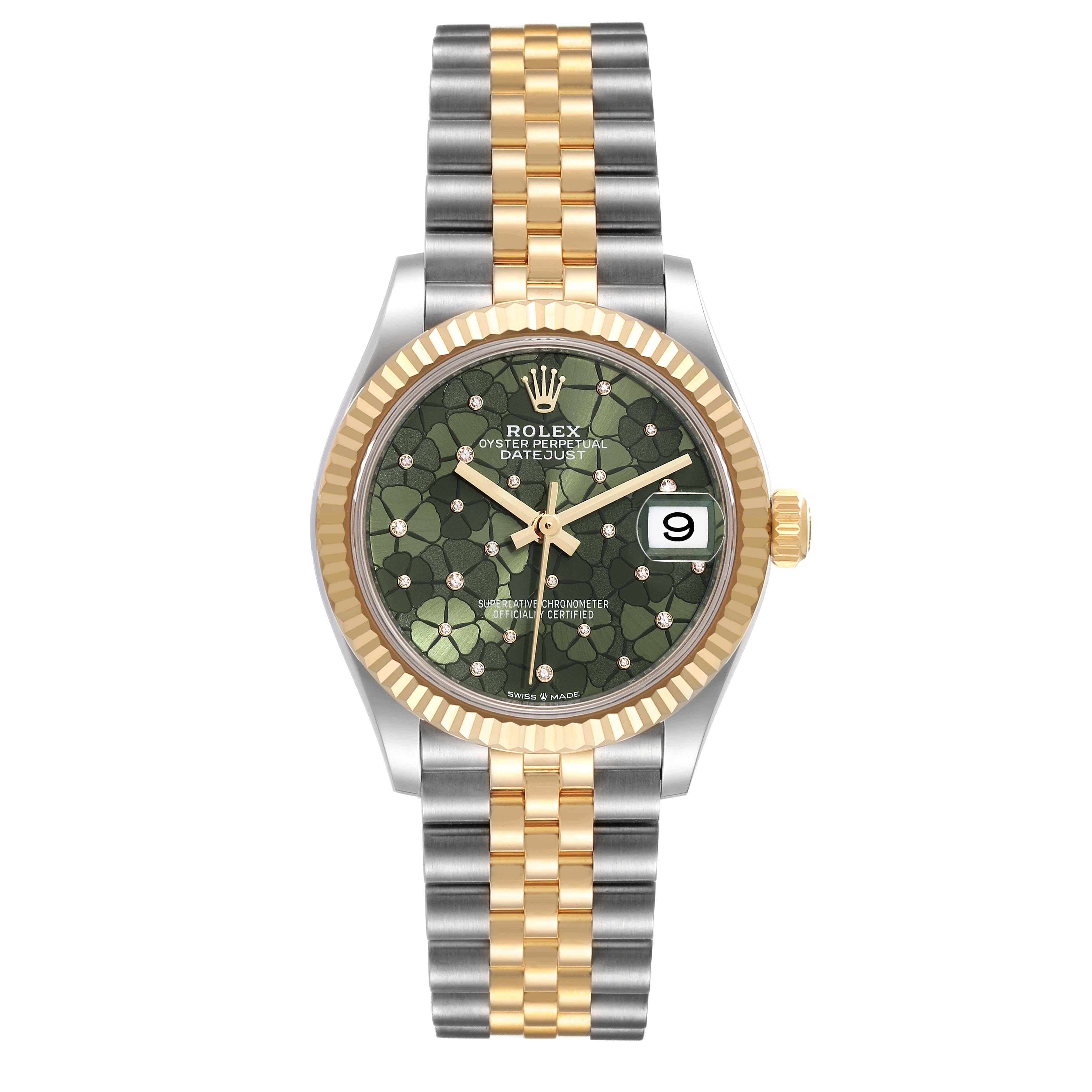 Rolex Datejust Midsize Steel Yellow Gold Diamond Dial Ladies Watch 278273 Unworn. Officially certified chronometer automatic self-winding movement. Stainless steel oyster case 31.0 mm in diameter. Rolex logo on 18K yellow gold crown. 18k yellow gold