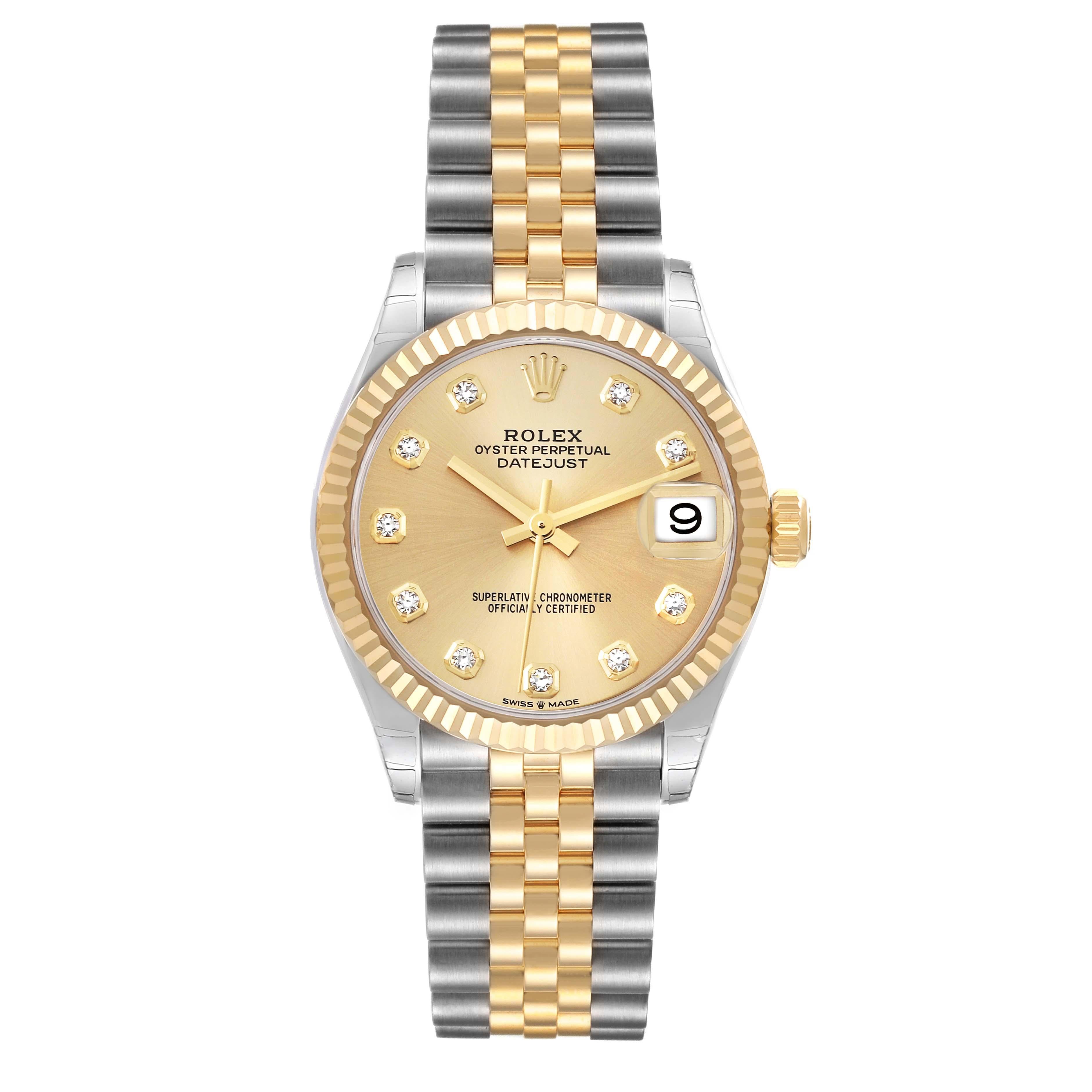 Rolex Datejust Midsize Steel Yellow Gold Diamond Dial Ladies Watch 278273 Unworn. Officially certified chronometer automatic self-winding movement. Stainless steel oyster case 31.0 mm in diameter. Rolex logo on 18k yellow gold crown. 18k yellow gold