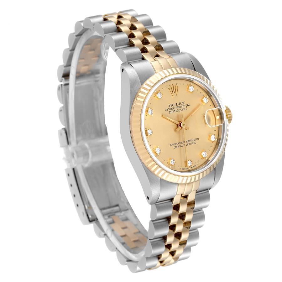 Rolex Datejust Midsize Steel Yellow Gold Diamond Dial Ladies Watch 68273 In Excellent Condition In Atlanta, GA