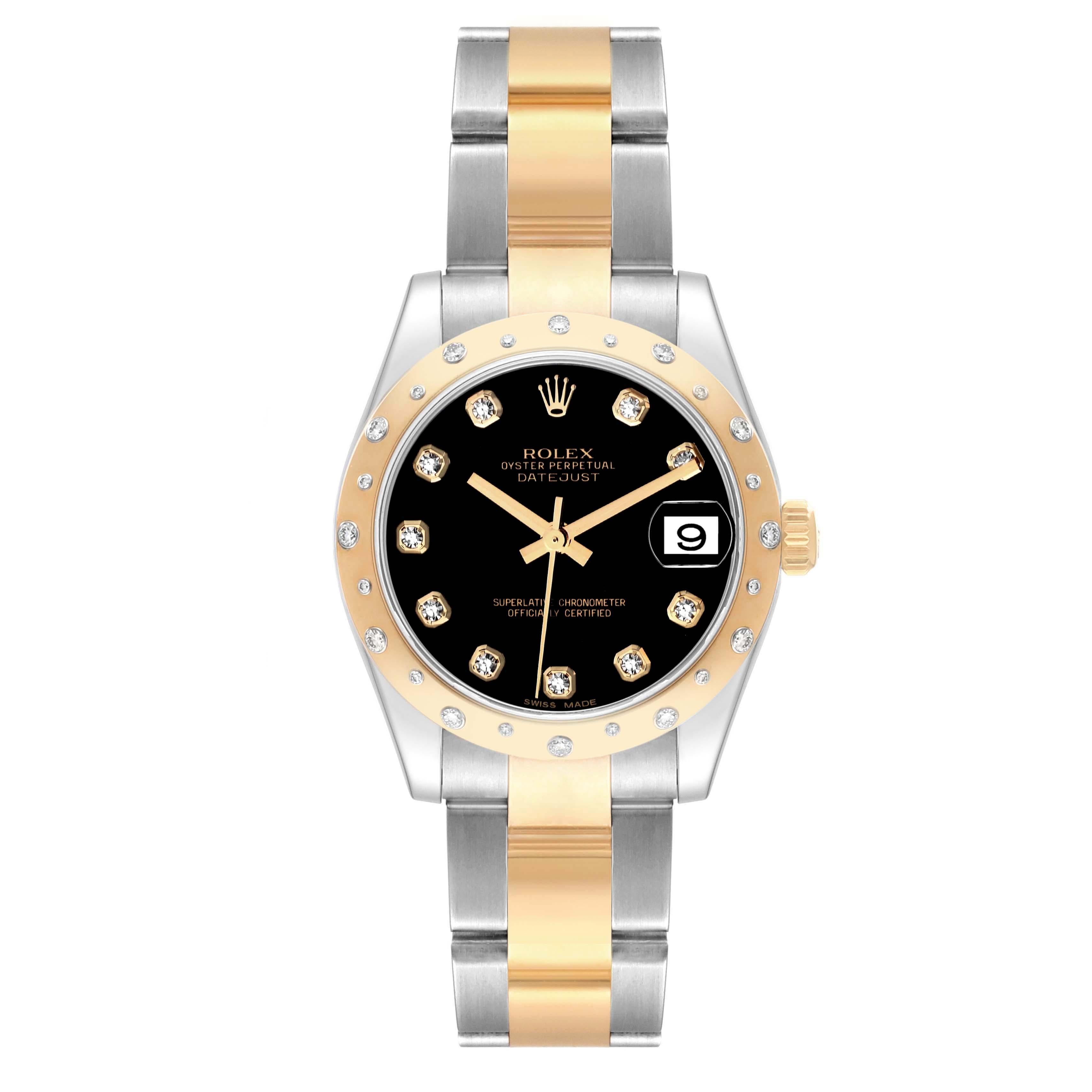 Rolex Datejust Midsize Steel Yellow Gold Diamond Ladies Watch 178343 Box Card. Officially certified chronometer automatic self-winding movement with quickset date function. Stainless steel and 18K yellow gold oyster case 31.0 mm in diameter. Rolex