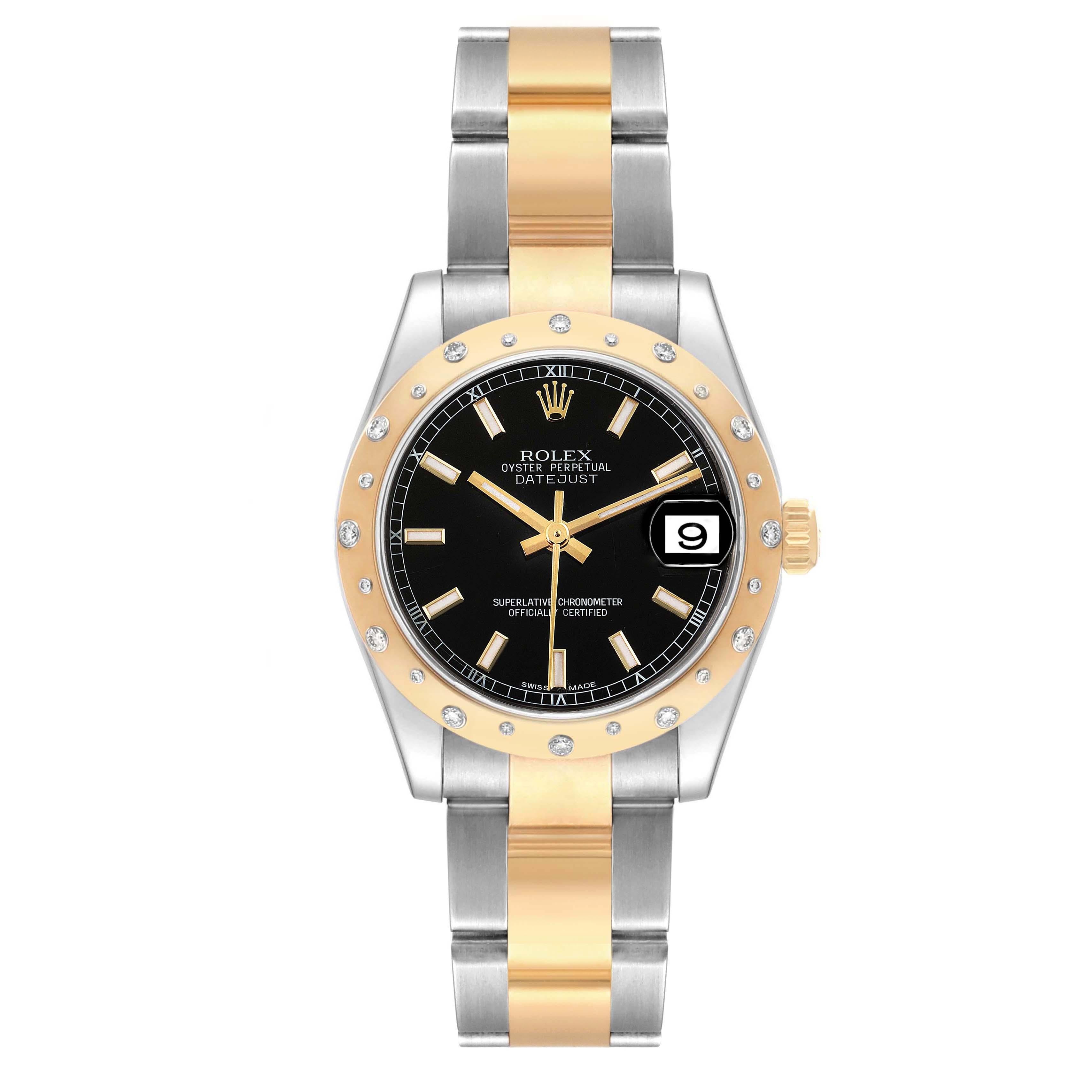 Rolex Datejust Midsize Steel Yellow Gold Diamond Ladies Watch 178343 Box Card. Officially certified chronometer automatic self-winding movement with quickset date function. Stainless steel and 18K yellow gold oyster case 31.0 mm in diameter. Rolex