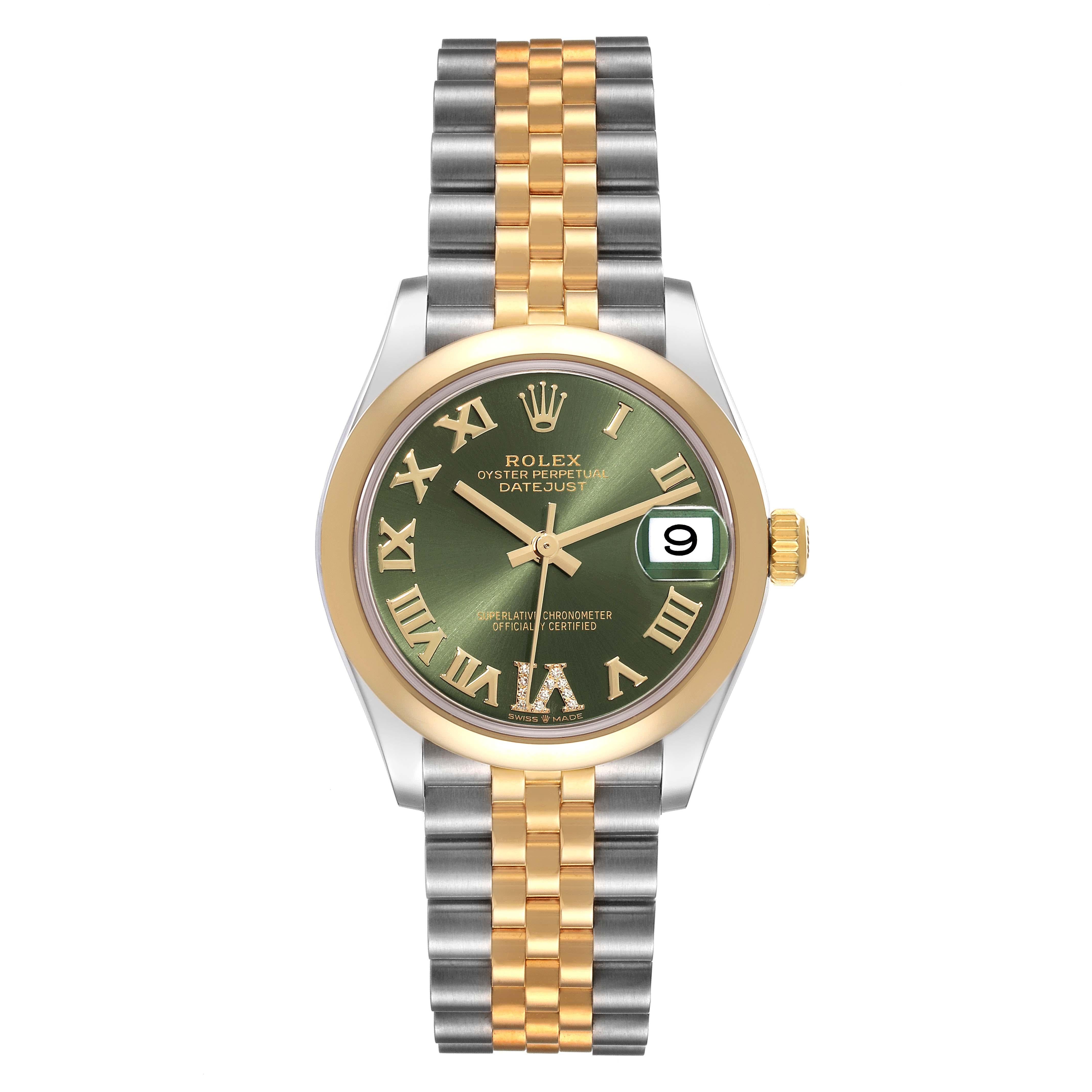 Rolex Datejust Midsize Steel Yellow Gold Diamond Ladies Watch 278243 Box Card. Officially certified chronometer self-winding movement. Stainless steel oyster case 31.0 mm in diameter. Rolex logo on a crown. 18k yellow gold smooth domed bezel.