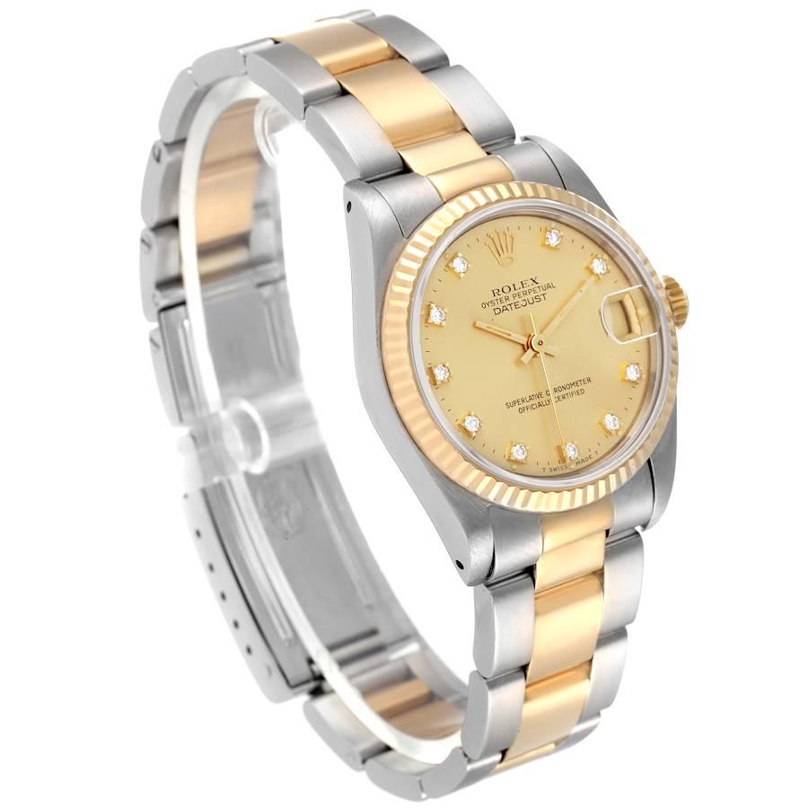 Rolex Datejust Midsize Steel Yellow Gold Diamond Ladies Watch 68273 In Excellent Condition In Atlanta, GA