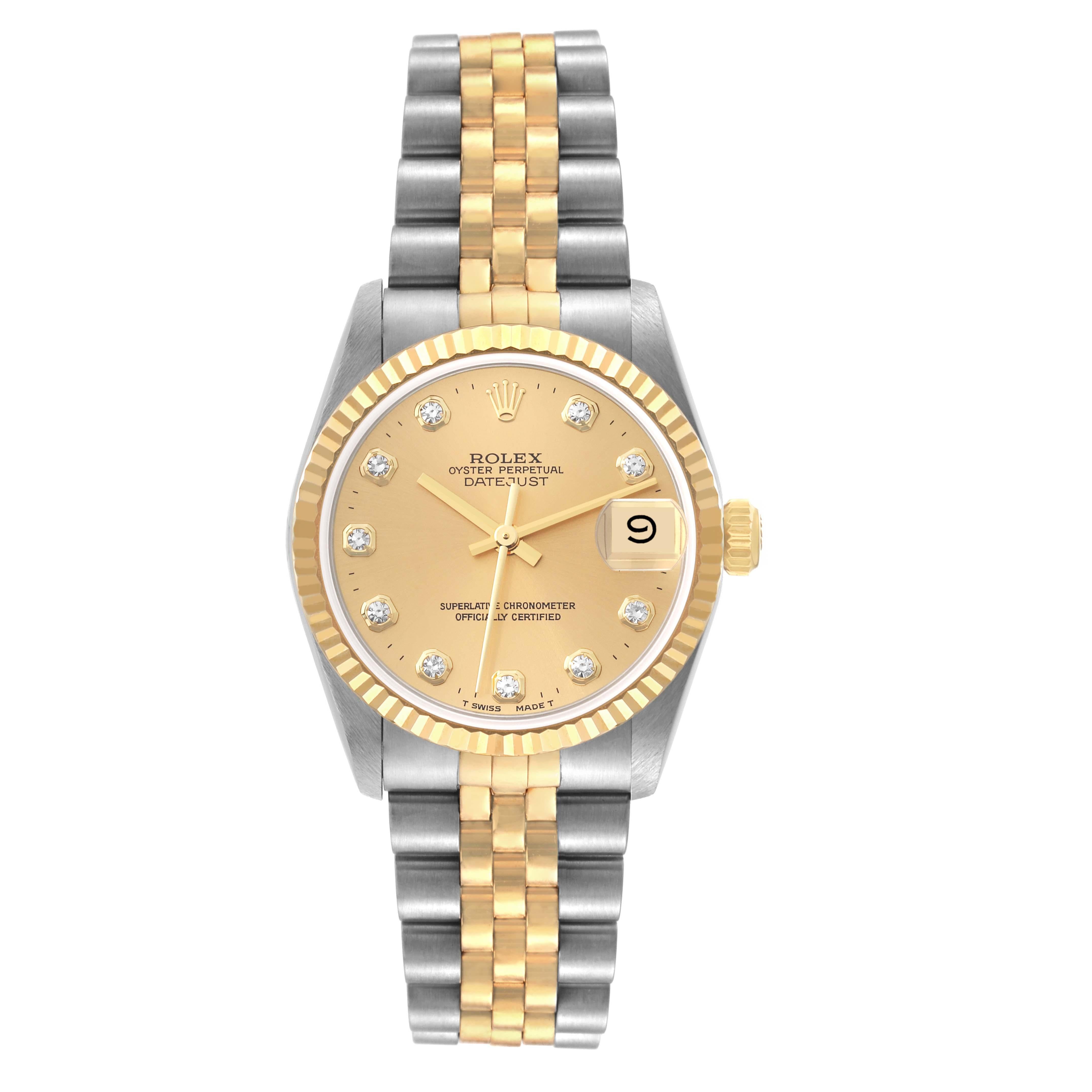 Rolex Datejust Midsize Steel Yellow Gold Diamond Ladies Watch 68273 Unworn NOS. Officially certified chronometer automatic self-winding movement. Stainless steel oyster case 31 mm in diameter. Rolex logo on an 18K yellow gold crown. 18k yellow gold