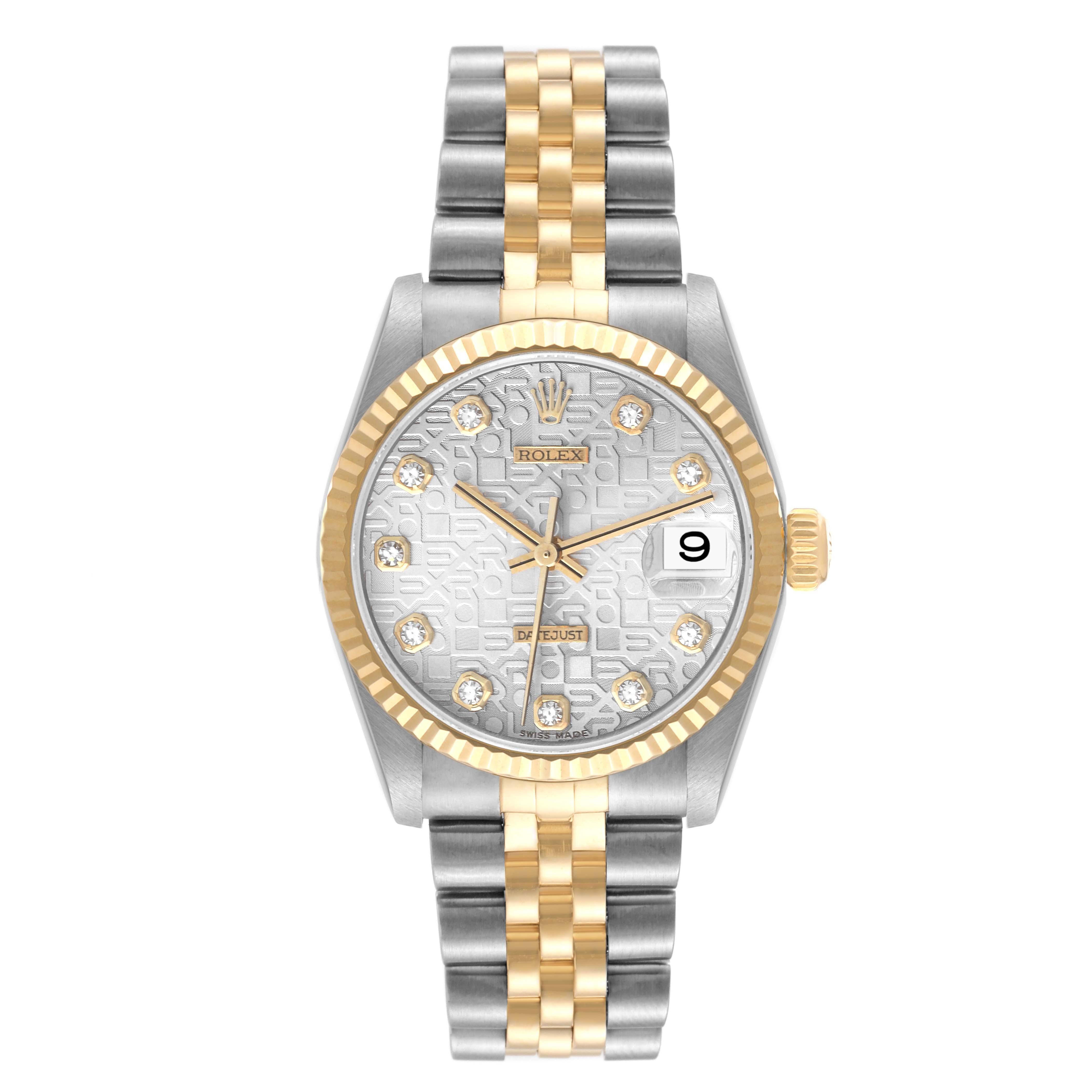 Rolex Datejust Midsize Steel Yellow Gold Diamond Ladies Watch 78273. Officially certified chronometer self-winding movement. Stainless steel oyster case 31 mm in diameter. Rolex logo on a 18K yellow gold crown. 18k yellow gold fluted bezel. Scratch