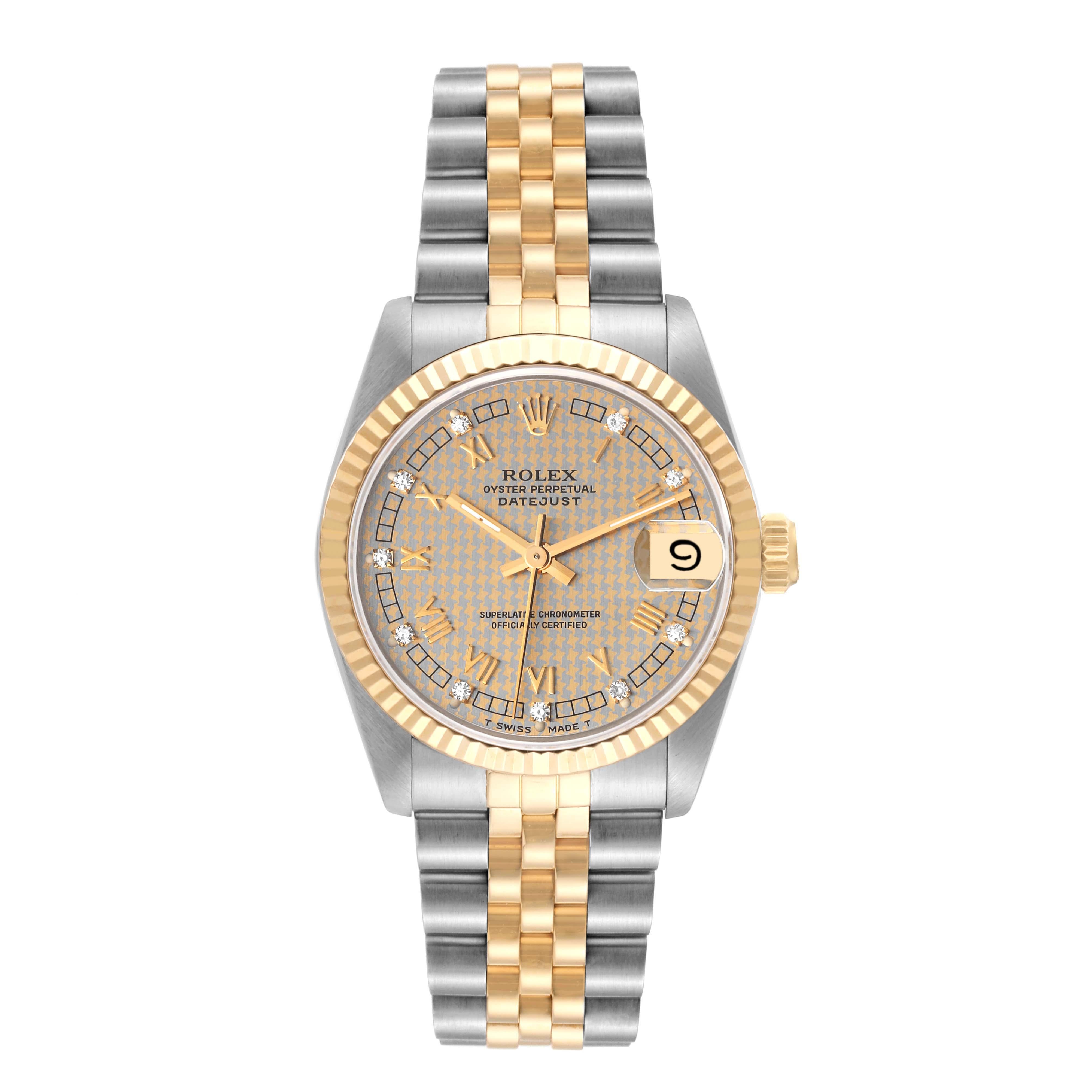Rolex Datejust Midsize Steel Yellow Gold Houndstooth Diamond Ladies Watch 68273. Officially certified chronometer automatic self-winding movement. Stainless steel oyster case 31 mm in diameter. Rolex logo on an 18K yellow gold crown. 18k yellow gold