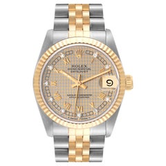 Rolex Datejust Midsize Steel Yellow Gold Houndstooth Diamond Ladies Watch 68273