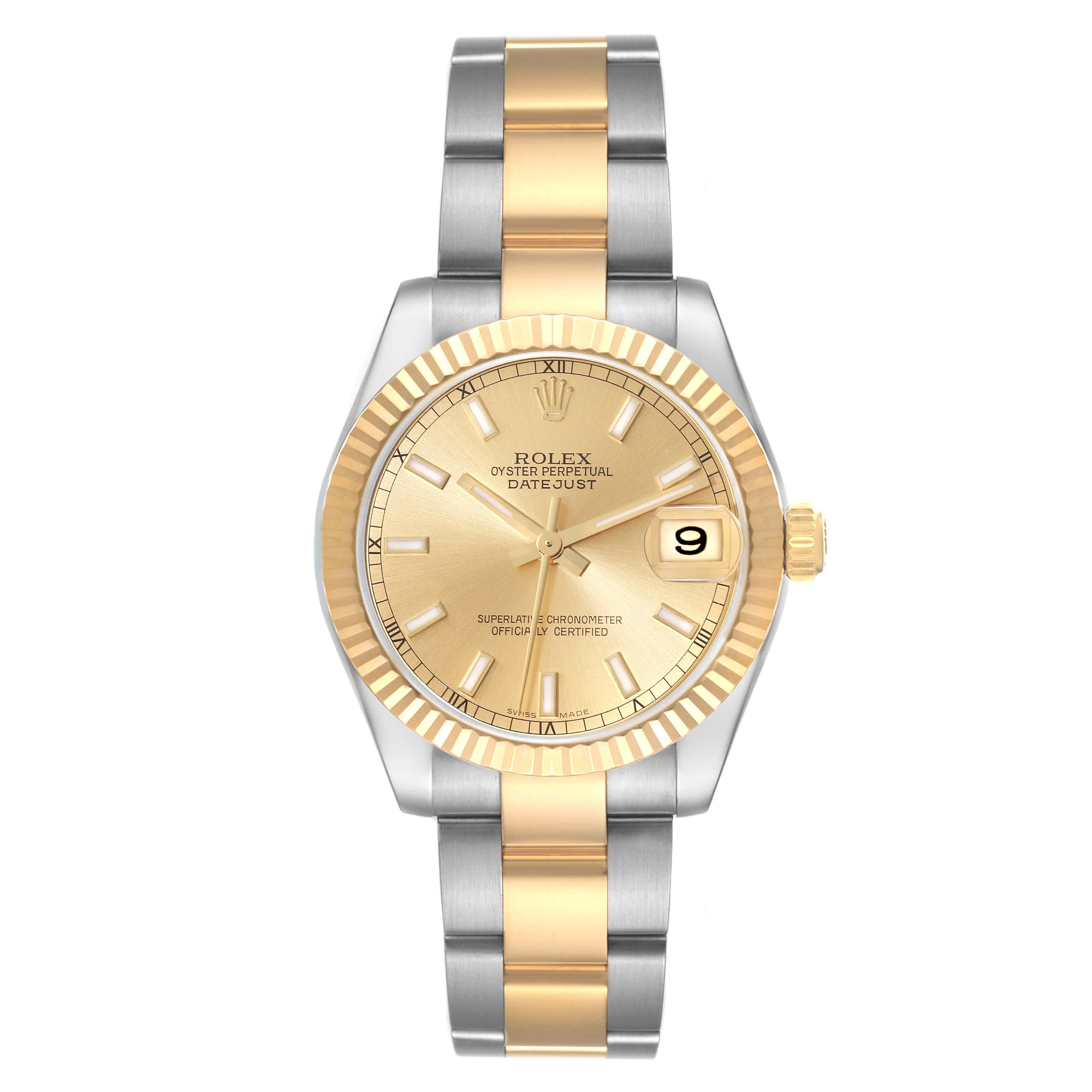 Rolex Datejust Midsize Steel Yellow Gold Ladies Watch 178273 Box Papers. Officially certified chronometer automatic self-winding movement. Stainless steel oyster case 31.0 mm in diameter. Rolex logo on 18K yellow gold crown. 18k yellow gold fluted