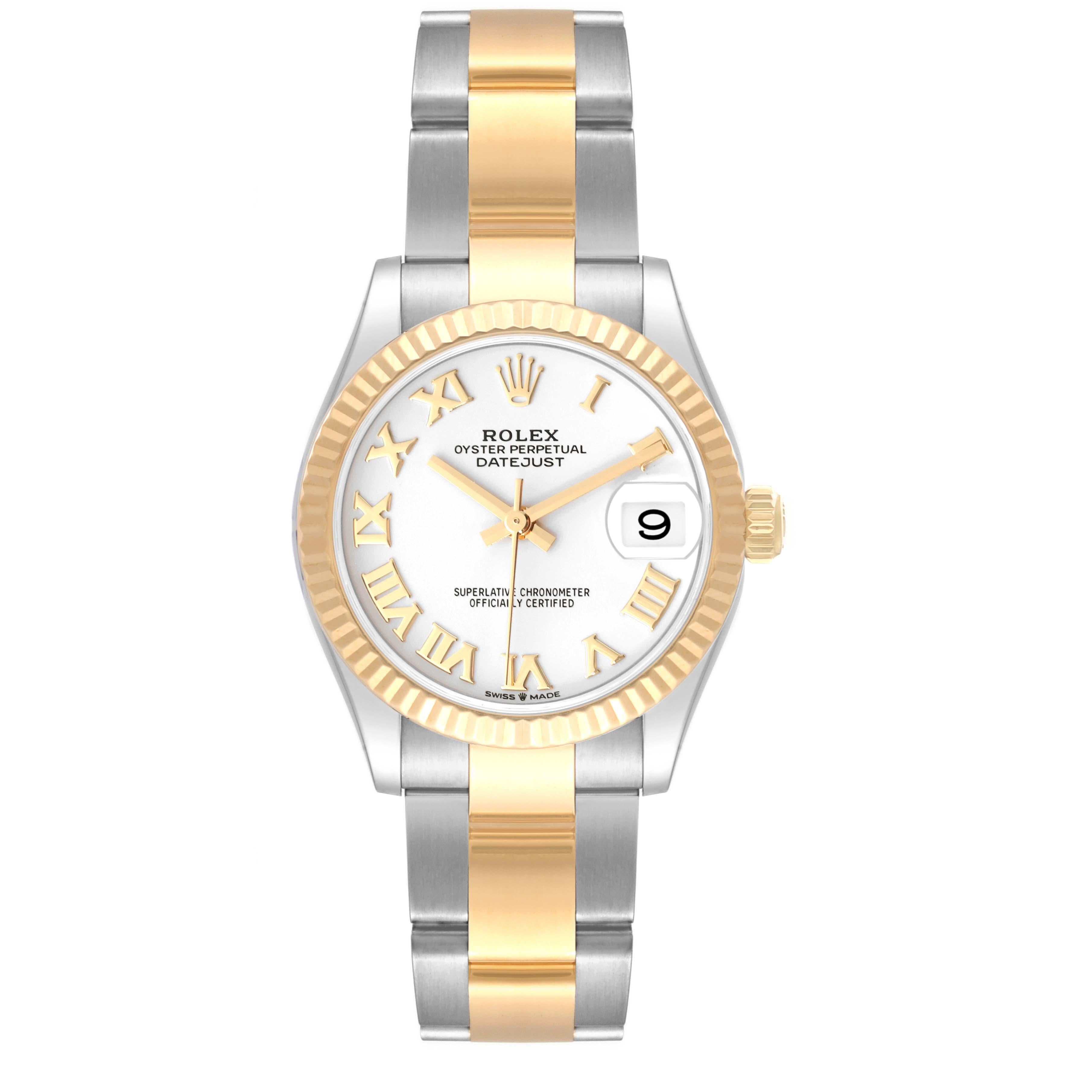 Rolex Datejust Midsize Steel Yellow Gold Ladies Watch 278273 Box Card. Officially certified chronometer automatic self-winding movement. Stainless steel oyster case 31.0 mm in diameter. Rolex logo on 18K yellow gold crown. 18k yellow gold fluted
