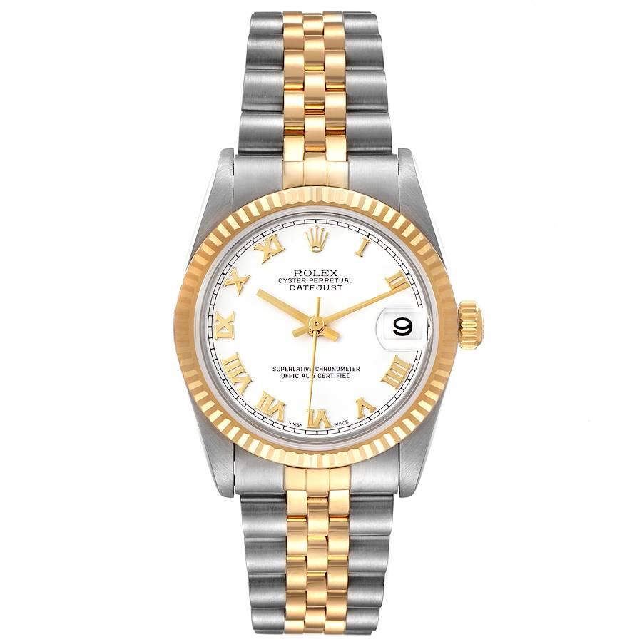Rolex Datejust Midsize Steel Yellow Gold Ladies Watch 78273. Officially certified chronometer self-winding movement. Stainless steel oyster case 31.0 mm in diameter. Rolex logo on 18K yellow gold crown. 18k yellow gold fluted bezel. Scratch