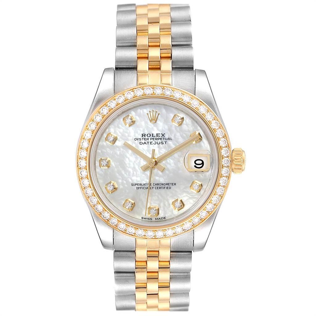 Rolex Datejust Midsize Steel Yellow Gold MOP Diamond Ladies Watch 178383. Officially certified chronometer self-winding movement. Stainless steel and 18K yellow gold oyster case 31.0 mm in diameter. Rolex logo on a crown. Original Rolex factory