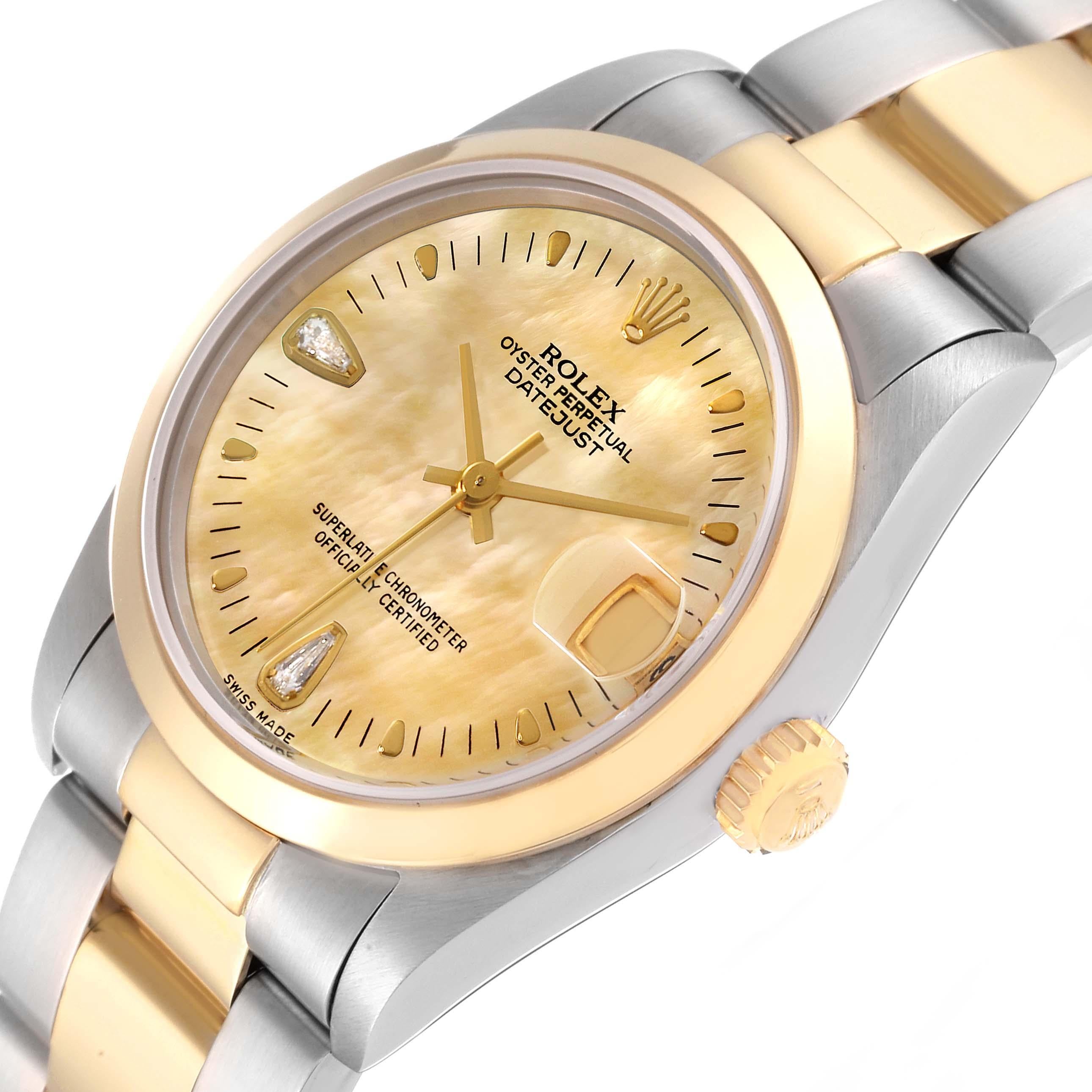 Rolex Datejust Midsize Steel Yellow Gold Mother Of Pearl Diamond Dial Watch In Excellent Condition For Sale In Atlanta, GA