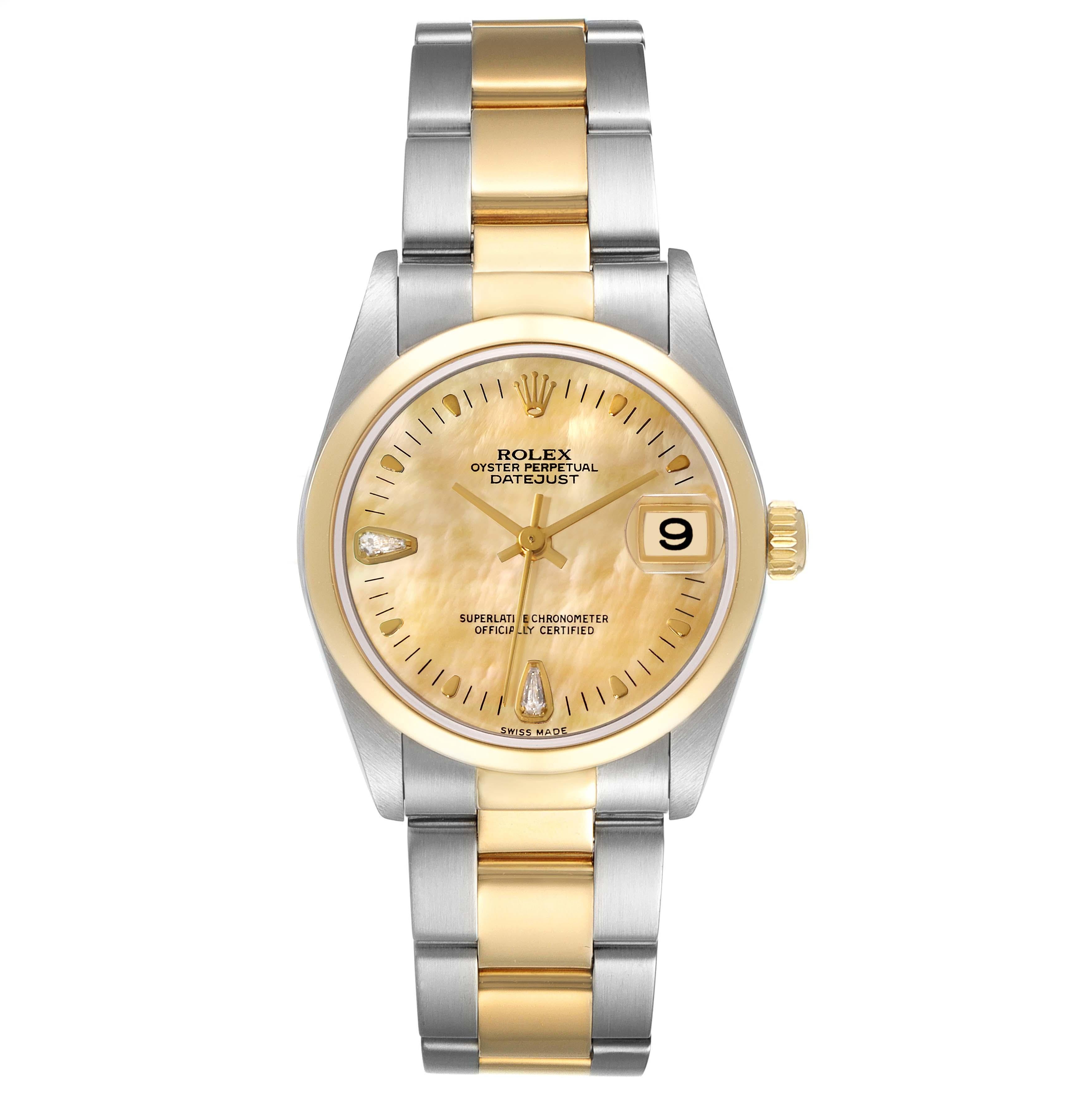Women's Rolex Datejust Midsize Steel Yellow Gold Mother Of Pearl Diamond Dial Watch For Sale