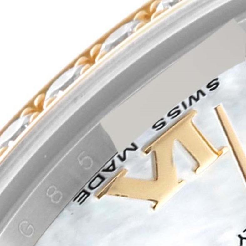 Rolex Datejust Midsize Steel Yellow Gold Mother of Pearl Diamond Ladies Watch 178383. Officially certified chronometer automatic self-winding movement. Stainless steel and 18K yellow gold oyster case 31.0 mm in diameter. Rolex logo on crown.