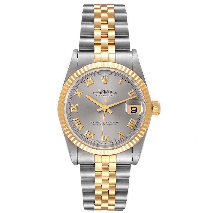 Rolex Datejust Midsize Steel Yellow Gold Slate Dial Ladies Watch 78273. Officially certified chronometer self-winding movement. Stainless steel oyster case 31.0 mm in diameter. Rolex logo on 18K yellow gold crown. 18k yellow gold fluted bezel.