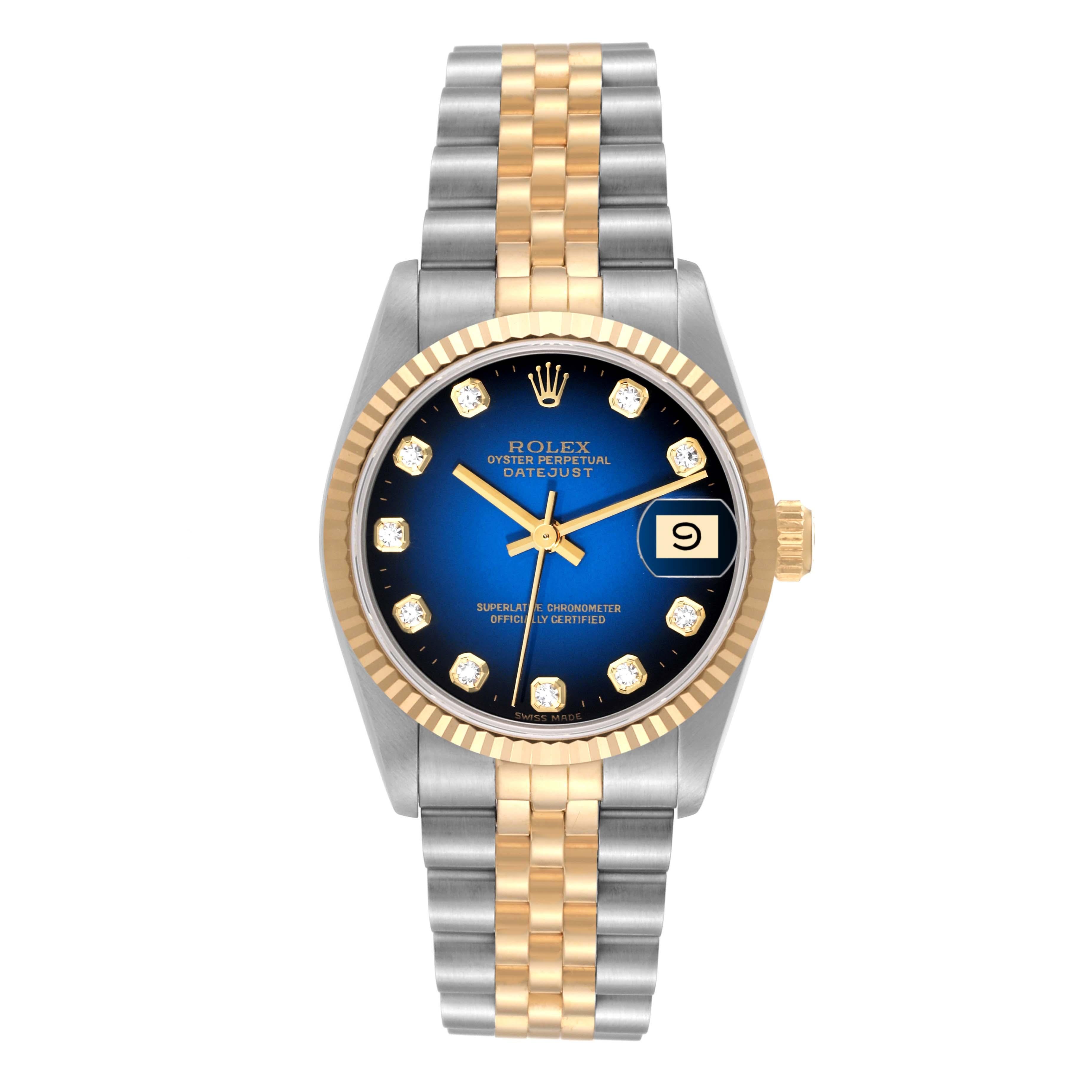 Rolex Datejust Midsize Steel Yellow Gold Vignette Diamond Ladies Watch 68273 For Sale 6
