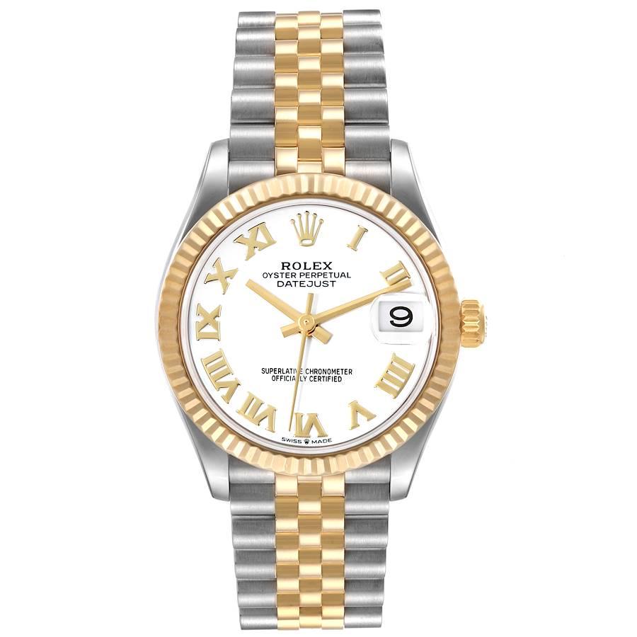 Rolex Datejust Midsize Steel Yellow Gold White Dial Ladies Watch 278273. Officially certified chronometer self-winding movement. Stainless steel oyster case 31.0 mm in diameter. Rolex logo on 18K yellow gold crown. 18k yellow gold fluted bezel.