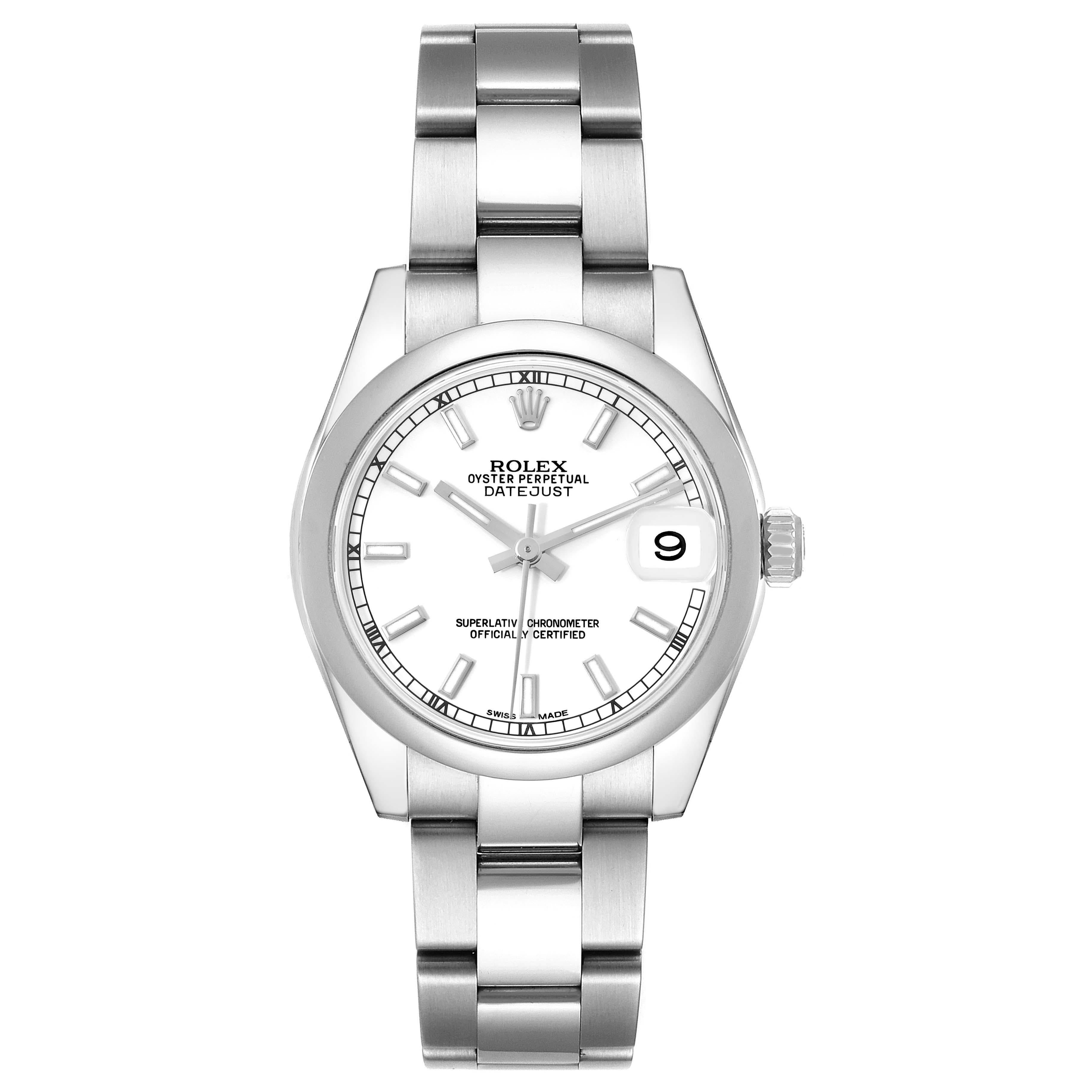 Rolex Datejust Midsize White Dial Steel Ladies Watch 178240. Officially certified chronometer self-winding movement with quickset date function. Stainless steel oyster case 31.0 mm in diameter. Rolex logo on a crown. Stainless steel smooth bezel.