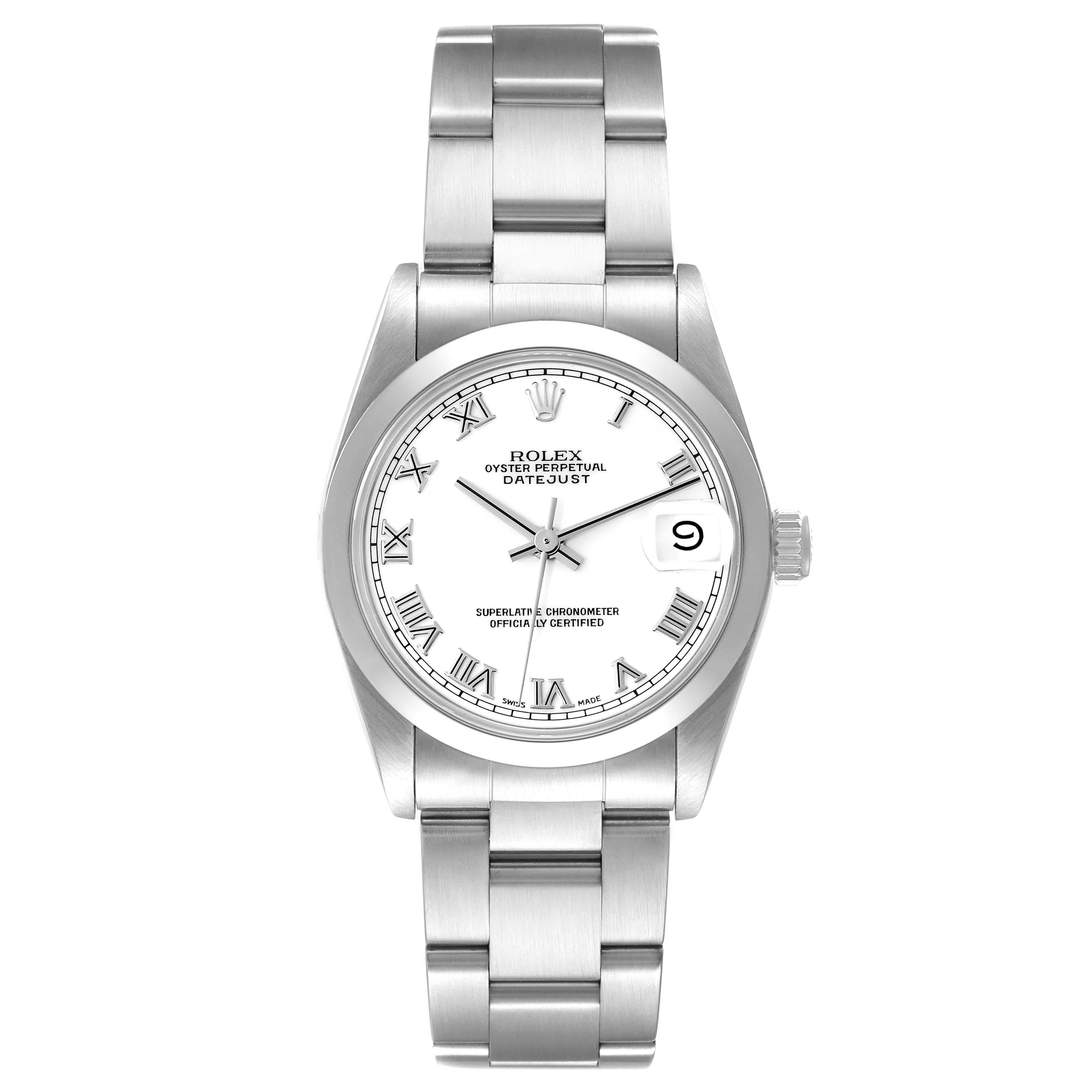 Rolex Datejust Midsize White Dial Steel Ladies Watch 68240 Box Papers. Officially certified chronometer automatic self-winding movement. Stainless steel oyster case 31 mm in diameter. Rolex logo on the crown. Stainless steel smooth bezel. Scratch