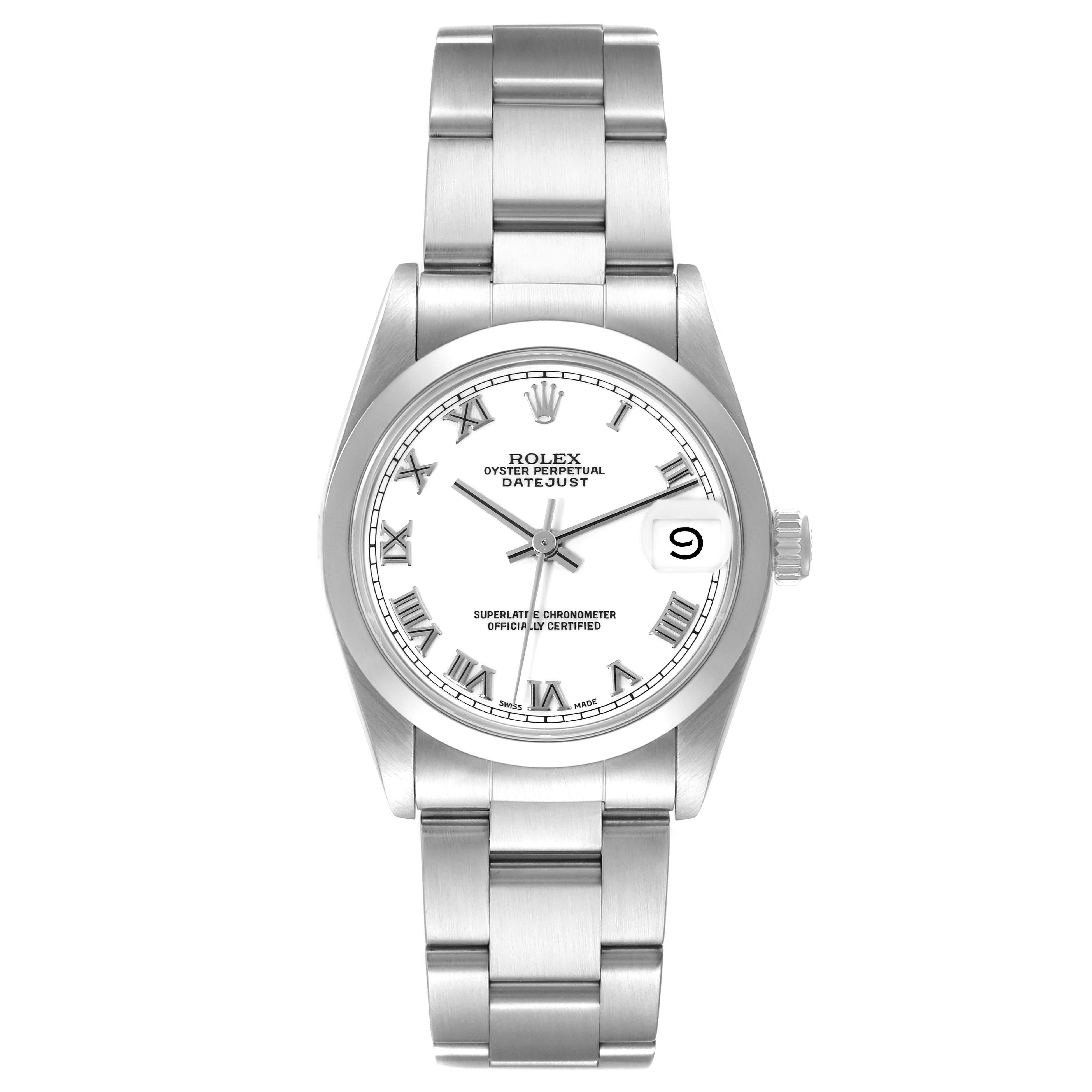 Rolex Datejust Midsize White Dial Steel Ladies Watch 68240 Box Papers. Officially certified chronometer automatic self-winding movement. Stainless steel oyster case 31 mm in diameter. Rolex logo on the crown. Stainless steel smooth bezel. Scratch