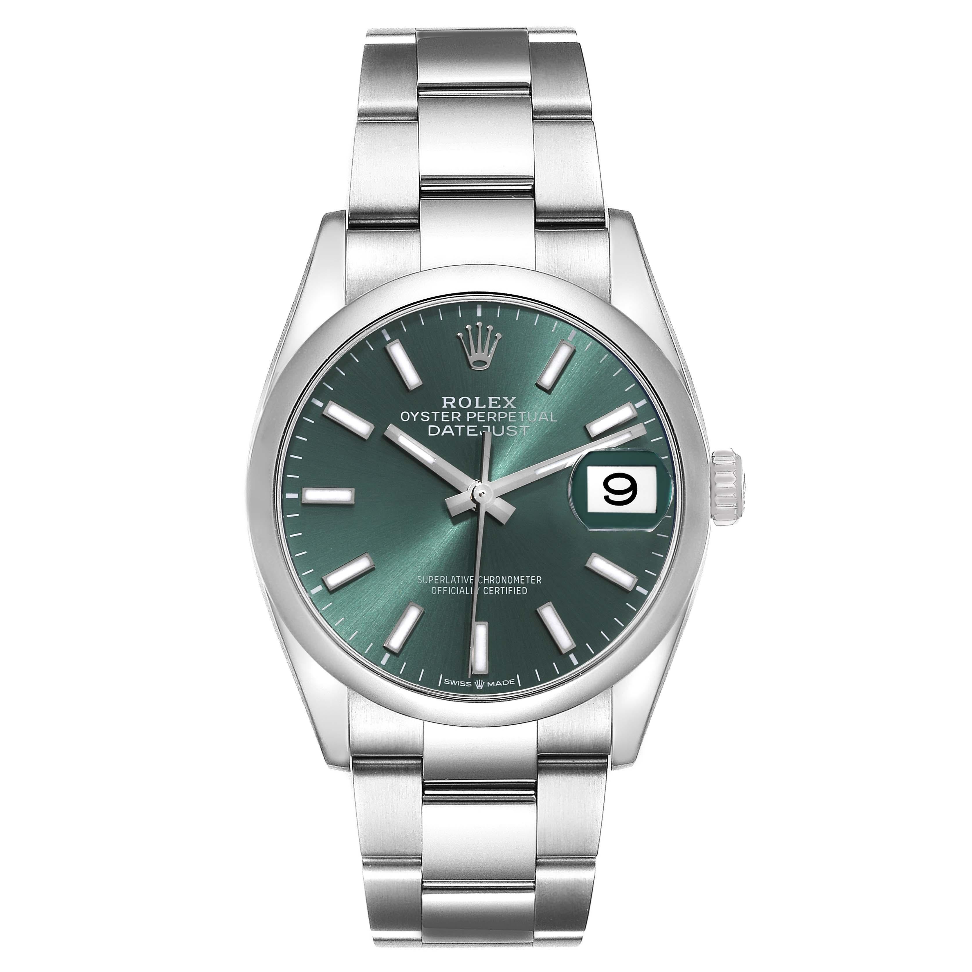 Rolex Datejust Mint Green Dial Domed Bezel Steel Mens Watch 126200 Unworn. Officially certified chronometer self-winding movement. Stainless steel case 36.0 mm in diameter. Rolex logo on a crown. Stainless steel smooth domed bezel. Scratch resistant