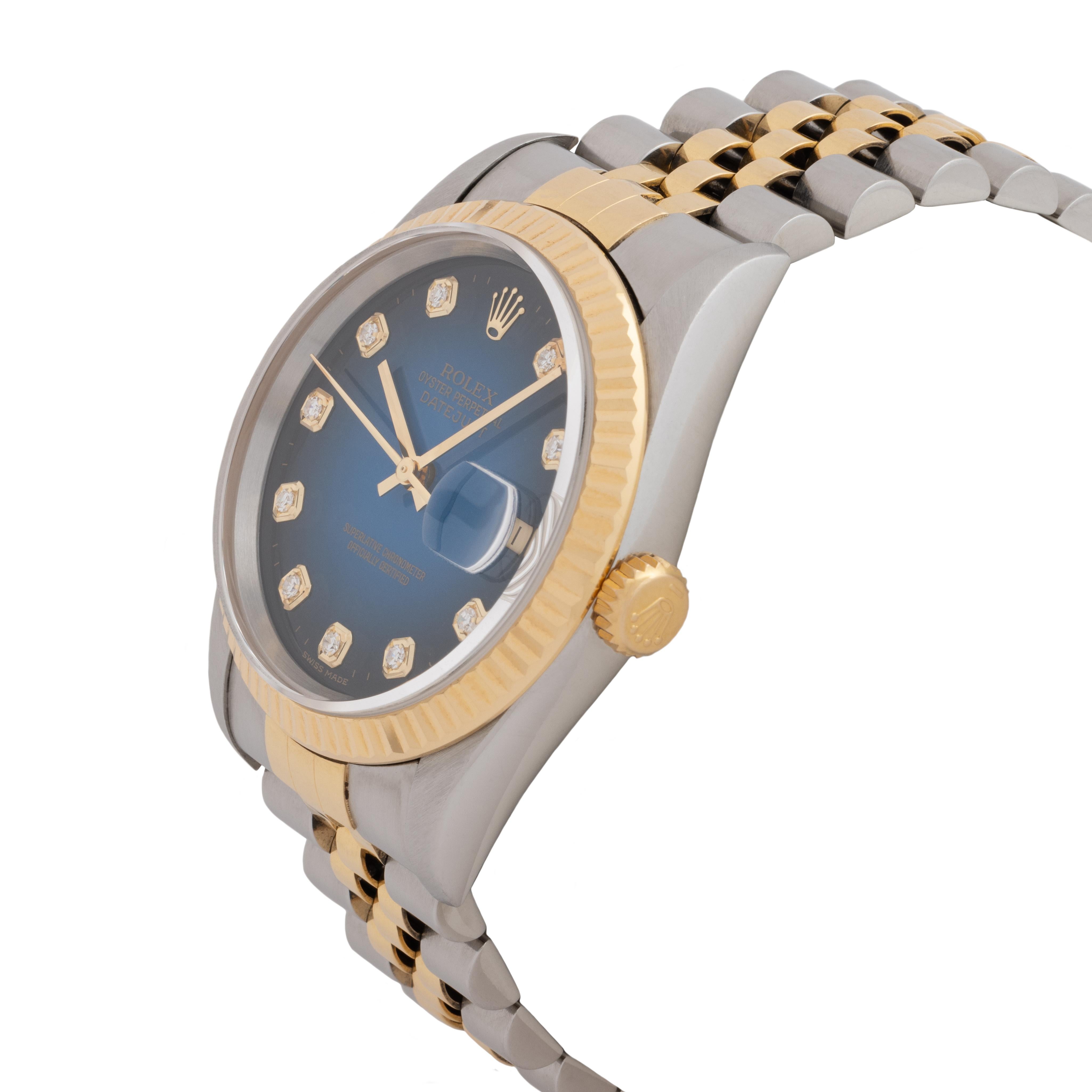 Baguette Cut Rolex DateJust Model 16233 Stainless Steel and 18K Gold Blue Vignette B & P