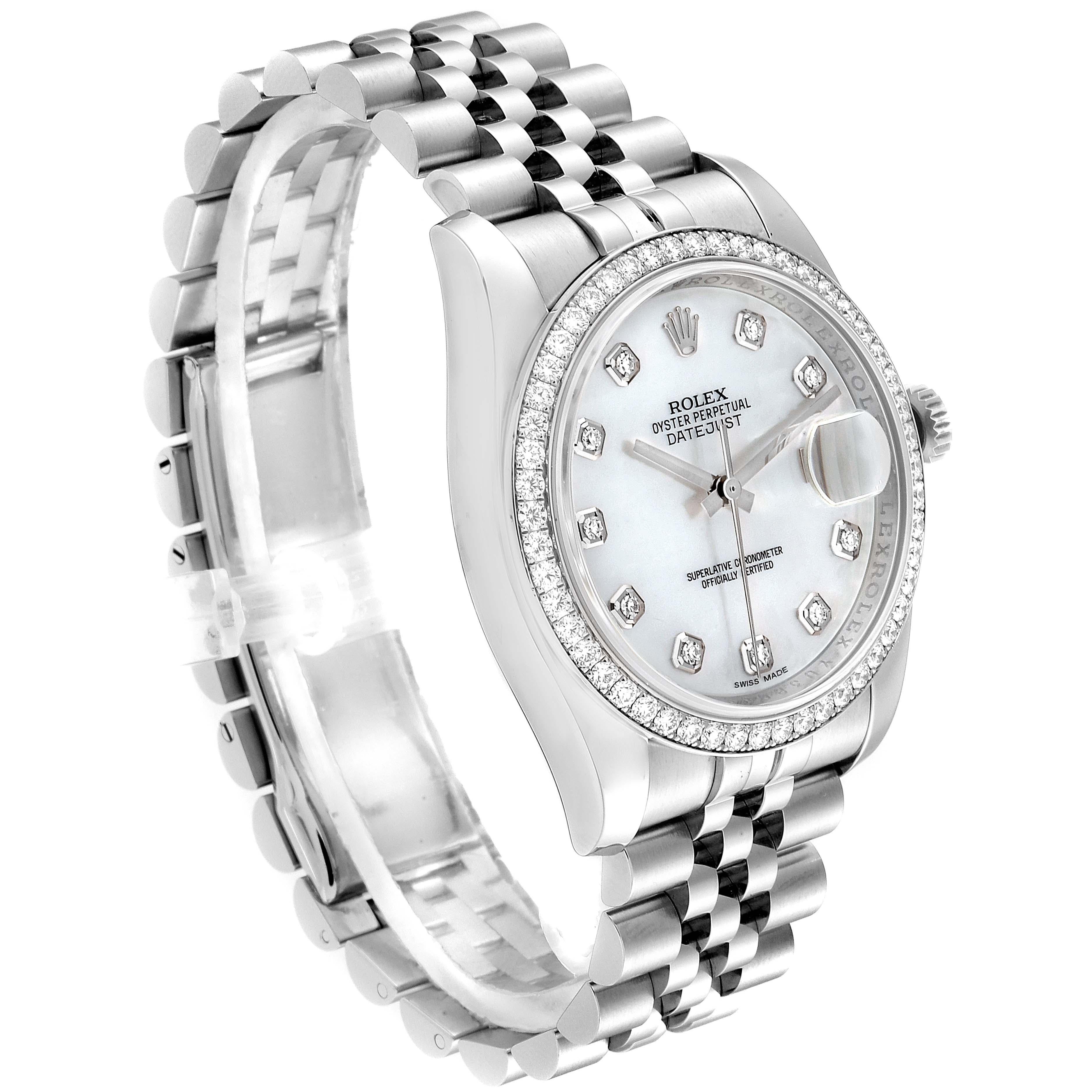 Rolex Datejust Mother of Pearl Diamond Dial Bezel Steel Men’s Watch 116244 In Excellent Condition For Sale In Atlanta, GA