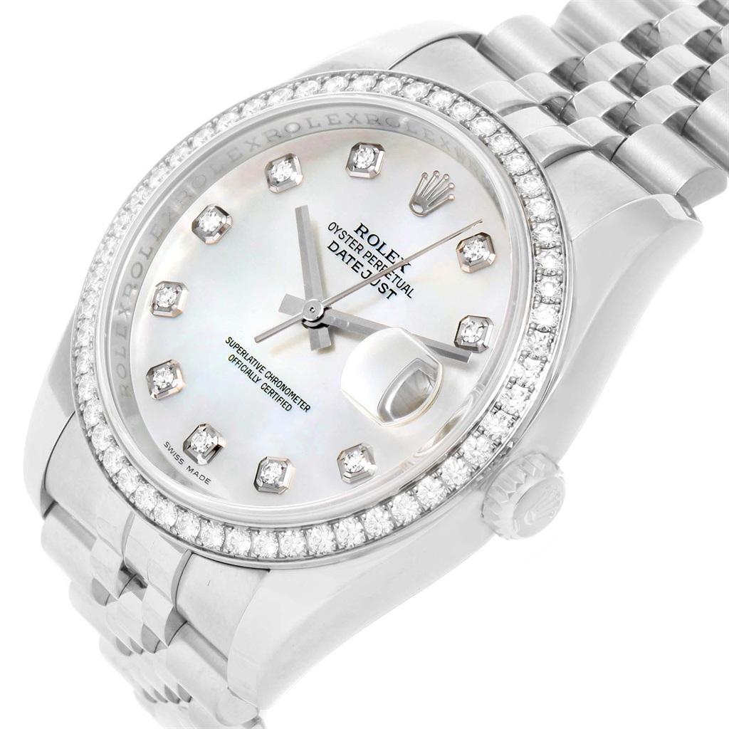 Rolex Datejust Mother of Pearl Dial Diamond Bezel Unisex Watch 116244. Officially certified chronometer automatic self-winding movement. Stainless steel case 36 mm in diameter. High polished lugs. Rolex logo on a crown. Original Rolex 18K white gold