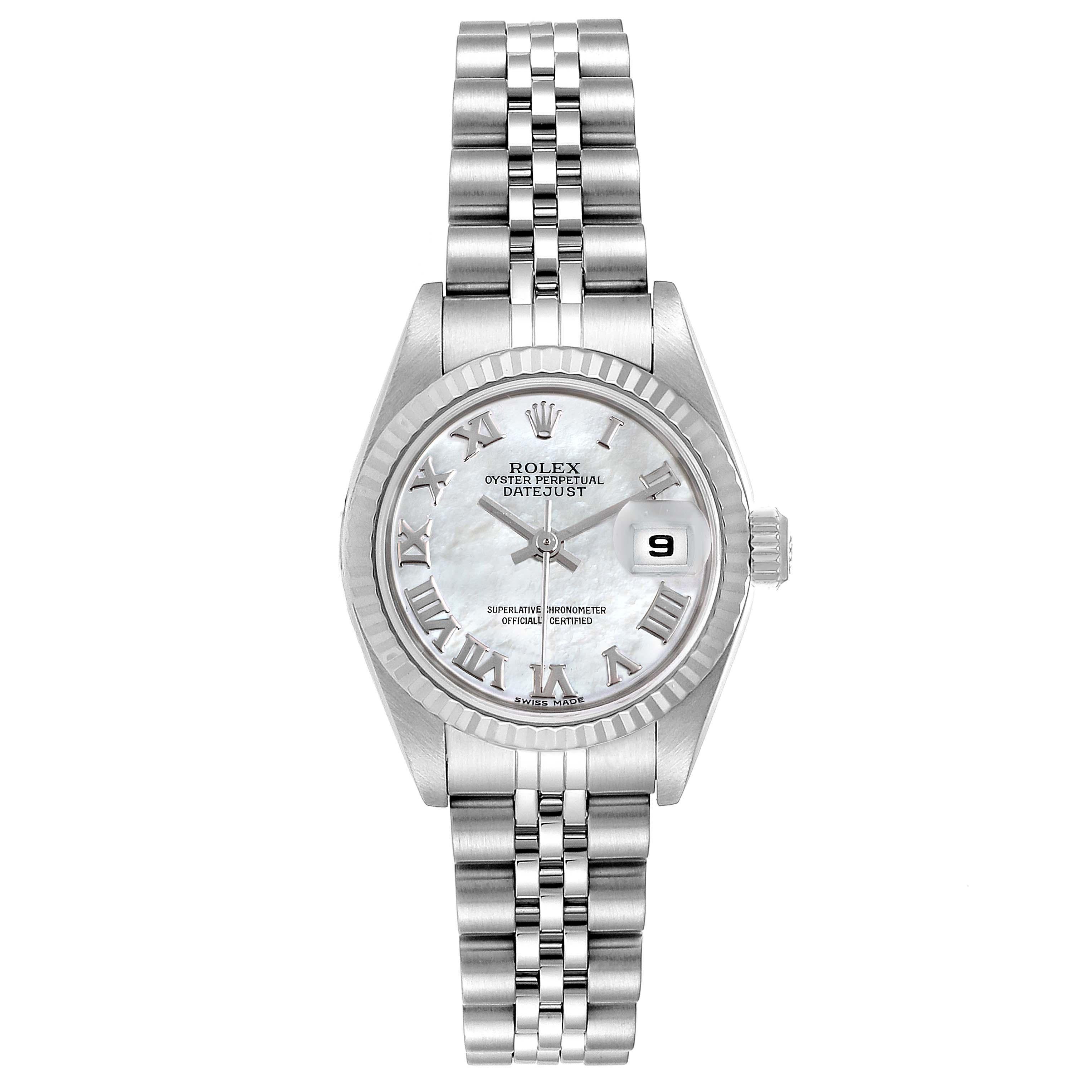 Rolex Datejust Mother of Pearl Dial Steel White Gold Ladies Watch 79174. Officially certified chronometer self-winding movement. Stainless steel oyster case 26.0 mm in diameter. Rolex logo on a crown. 18k white gold fluted bezel. Scratch resistant