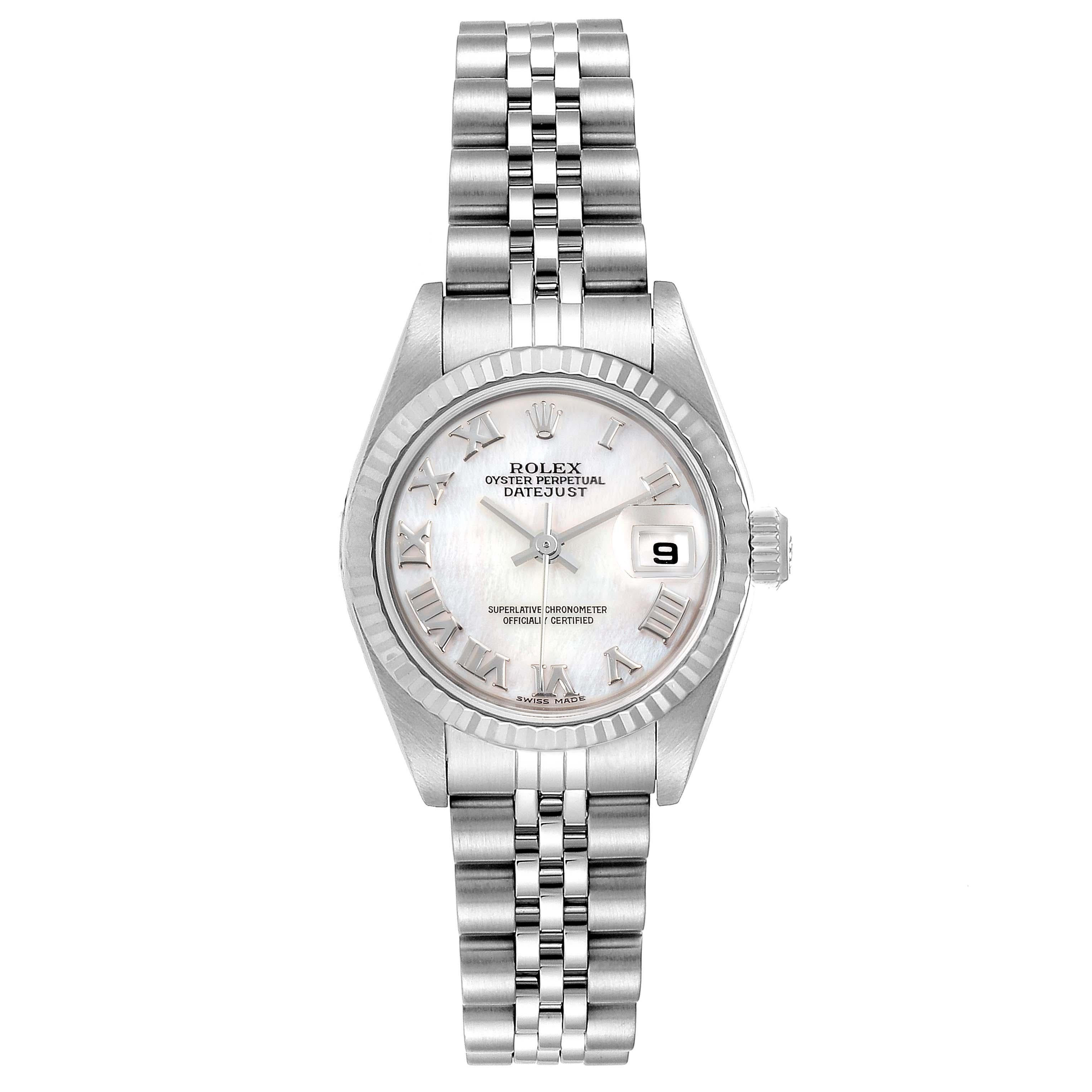 Rolex Datejust Mother of Pearl Dial Steel White Gold Ladies Watch 79174. Officially certified chronometer self-winding movement. Stainless steel oyster case 26.0 mm in diameter. Rolex logo on a crown. 18k white gold fluted bezel. Scratch resistant