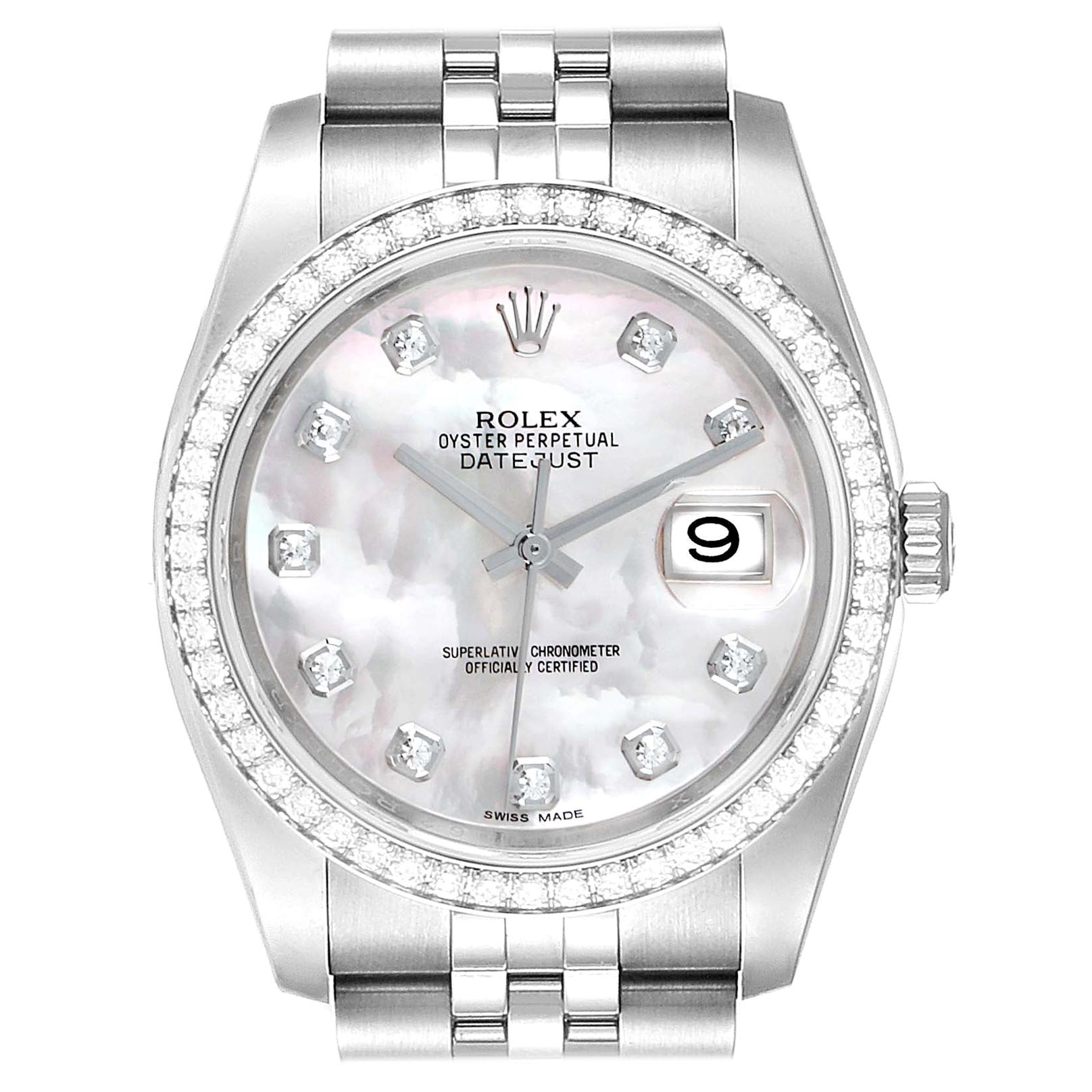 Rolex Datejust Mother of Pearl Diamond Dial Bezel Men's Watch 116244 Box Card