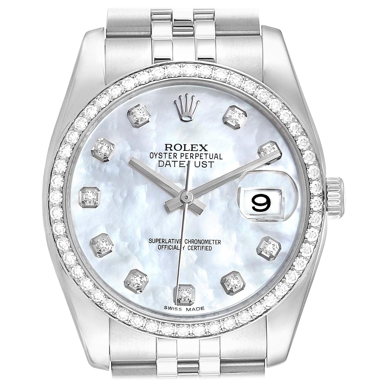 Rolex Datejust Mother of Pearl Diamond Dial Bezel Steel Men’s Watch 116244 For Sale