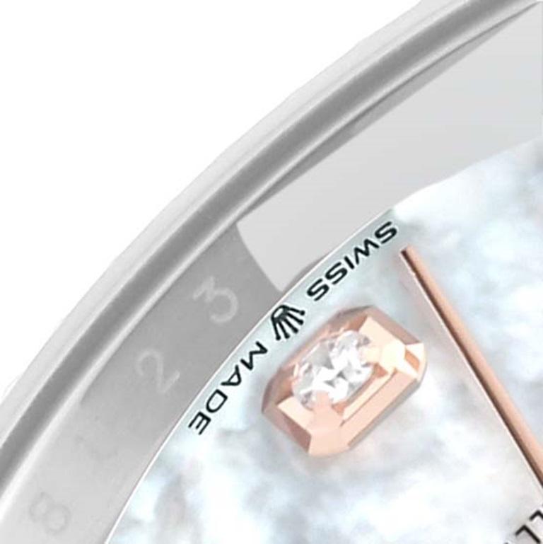 Rolex Datejust Mother of Pearl Diamond Dial Steel Rose Gold Mens Watch 126231. Officially certified chronometer automatic self-winding movement. Stainless steel case 36.0 mm in diameter. Rolex logo on 18k rose gold crown. 18k rose gold fluted bezel.