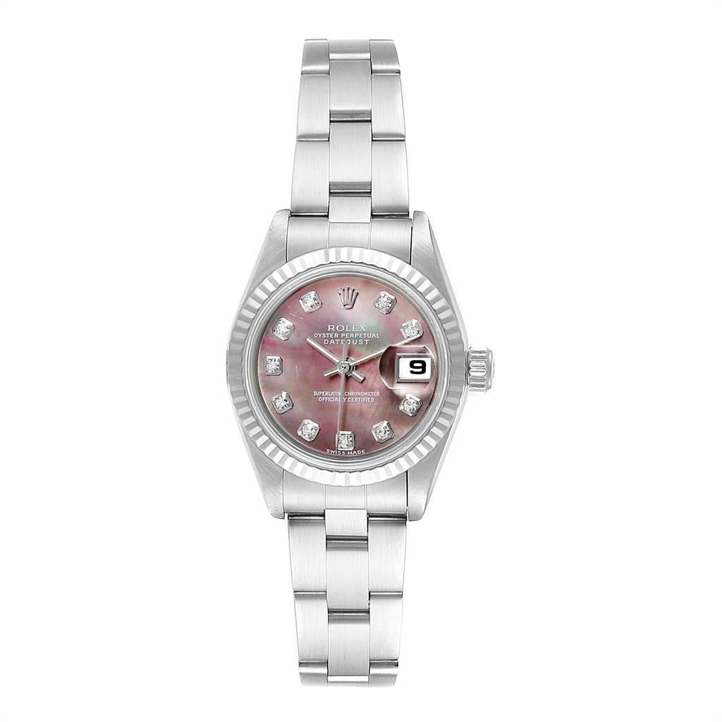 Rolex Datejust Mother of Pearl Diamond Ladies Watch 79174 Box Papers. Officially certified chronometer self-winding movement. Stainless steel oyster case 26.0 mm in diameter. Rolex logo on a crown. 18k white gold fluted bezel. Scratch resistant