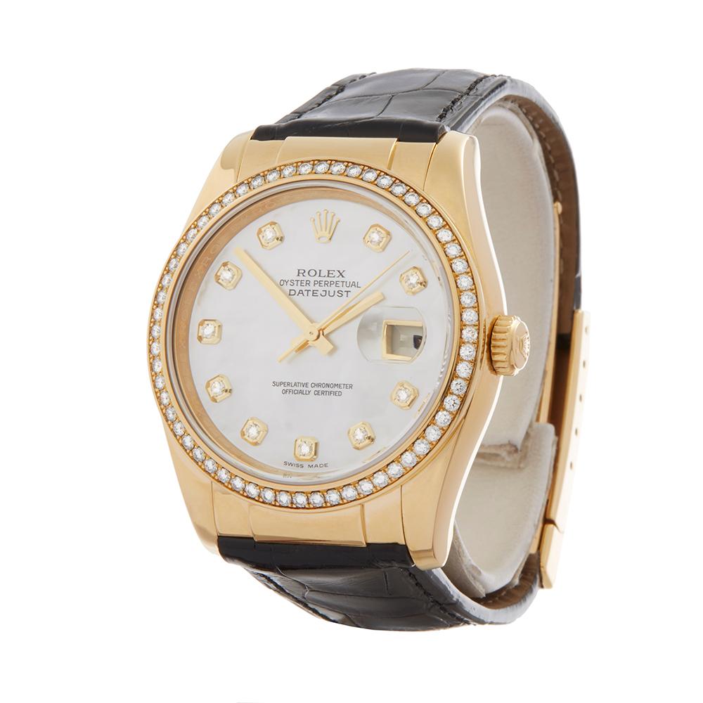 Ref: W3114
Model: 116188
Serial: D37****
Condition: 9 - Excellent condition
Age: 2005
Box and Papers: Box only
Movement: Automatic
Case: 18k Yellow Gold
Dial: Mother of Pearl with Diamond Markers
Bracelet: Black Crocodile
Buckle: 18K Yellow Gold