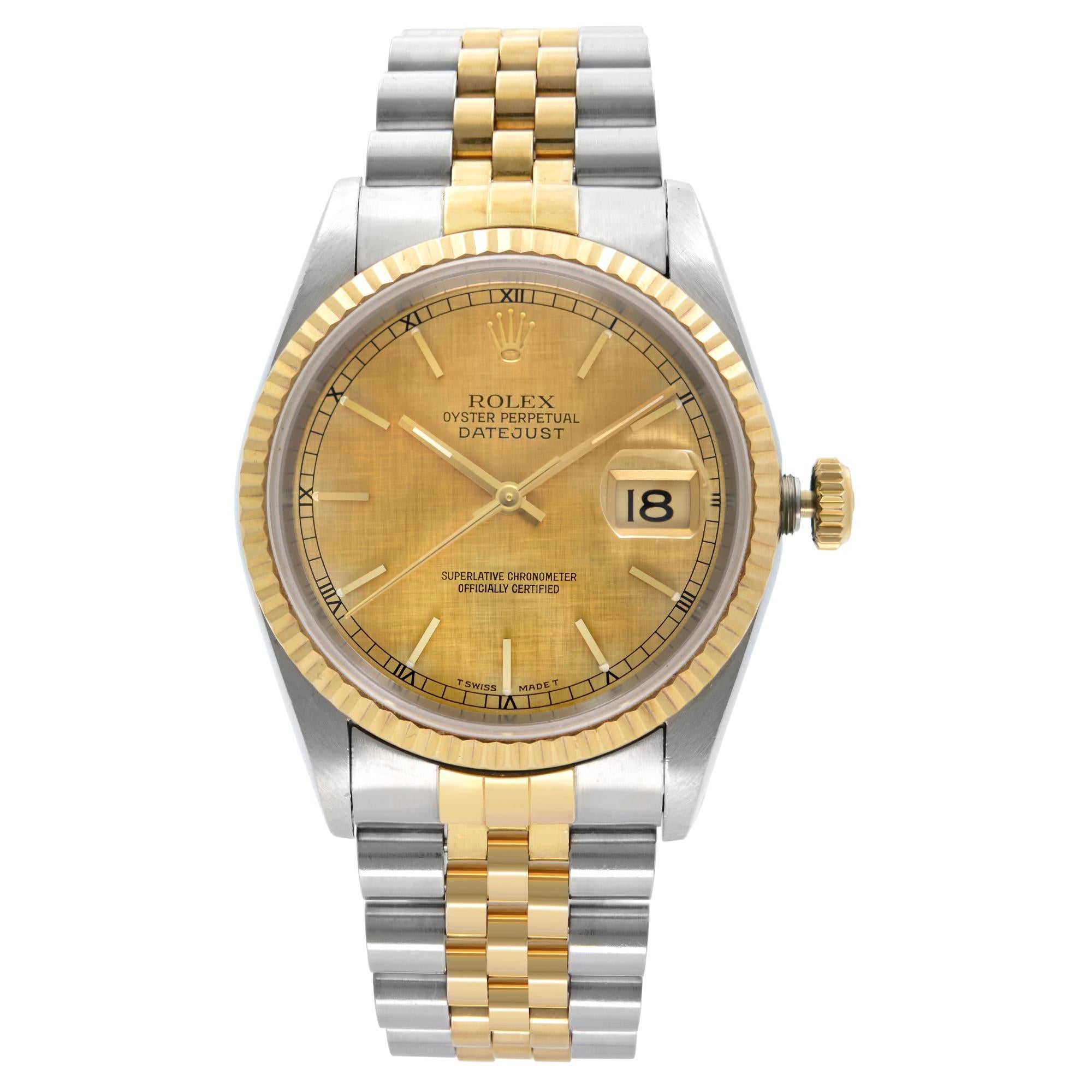 Rolex Datejust No Holes 18k Gold Steel Champagne Dial Men's Watch 16233