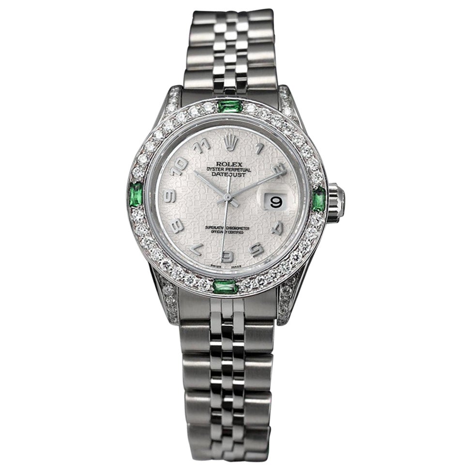 Rolex Datejust Quadrante arabo bianco 69174 Lunetta con smeraldo e diamanti + anse