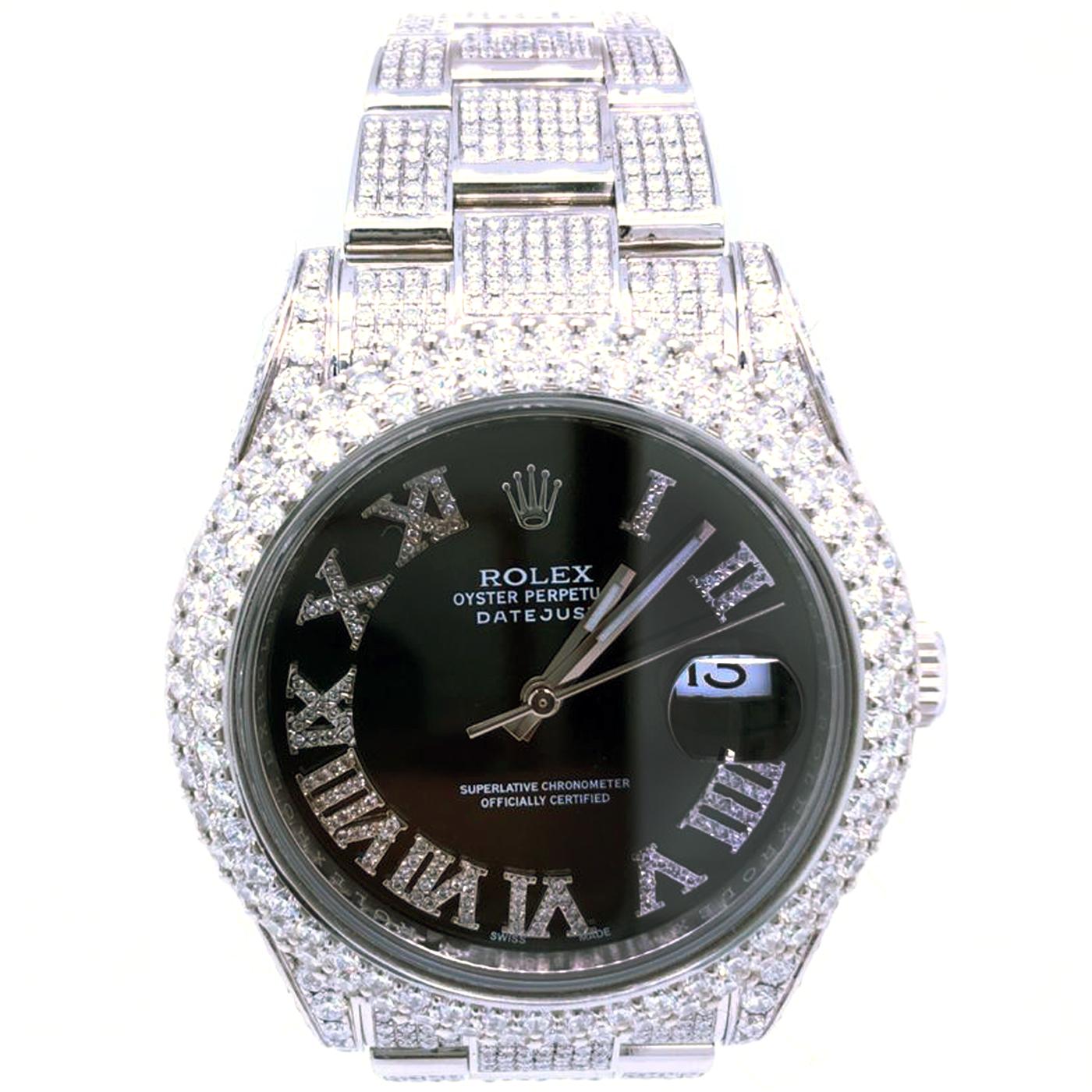 A Beautifully Customized Pave Diamond Dial Datejust 41mm Watch with Roman Numerals!!! This Watch Has Been Set Wonderfully and Is Fully Iced Out! the Diamonds Are Top Quality and the Watch Comes with Box and Papers.

Details:
Brand: Rolex
Model: