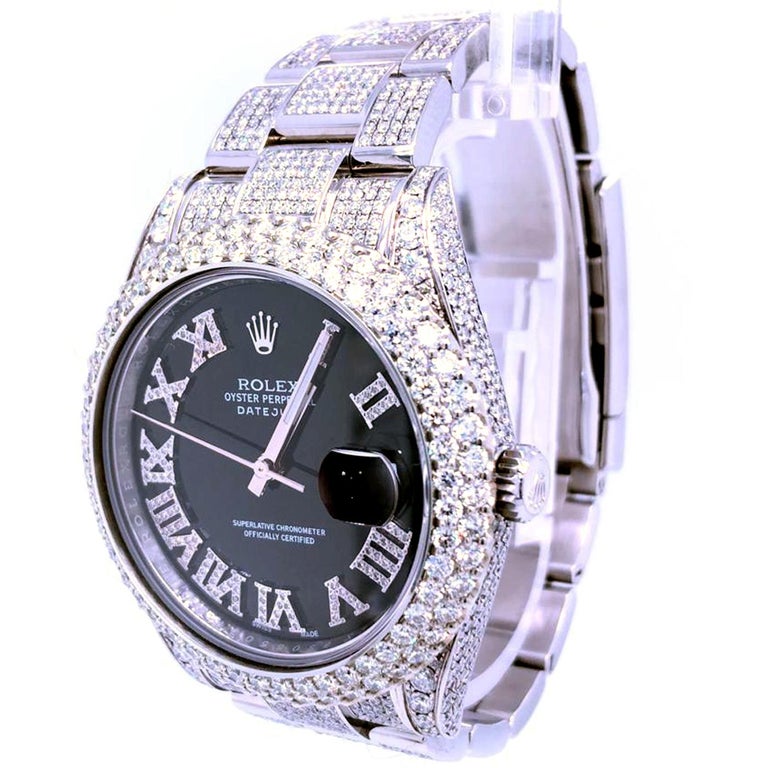 Round Cut Rolex Datejust Oyster Stainless Steel Pave Roman Diamond Dial Card Watch 126300 For Sale