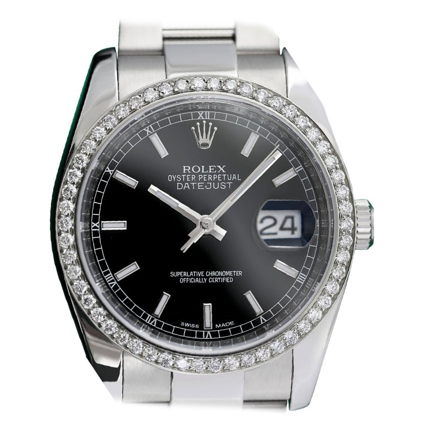 Rolex Datejust Oyster Orologio SS con quadrante nero e lunetta di diamanti 116200