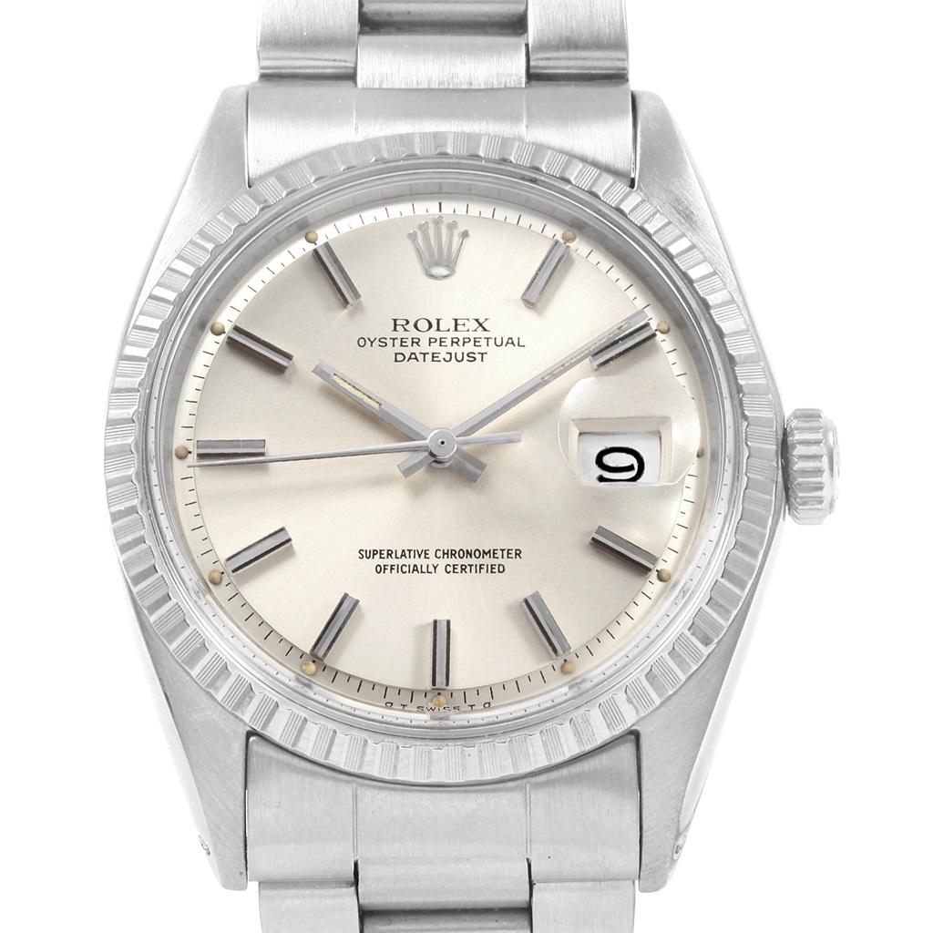 Rolex Datejust Oyster Bracelet Vintage Mens Watch 1603 Year 1968. Officially certified chronometer self-winding movement. Stainless steel oyster case 36.0 mm in diameter. Rolex logo on a crown. Stainless steel engine turned bezel. Acrylic crystal
