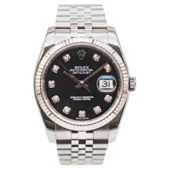 Rolex Datejust Oyster Fluted Bezel Black Dial Diamond Box and Paper 116234