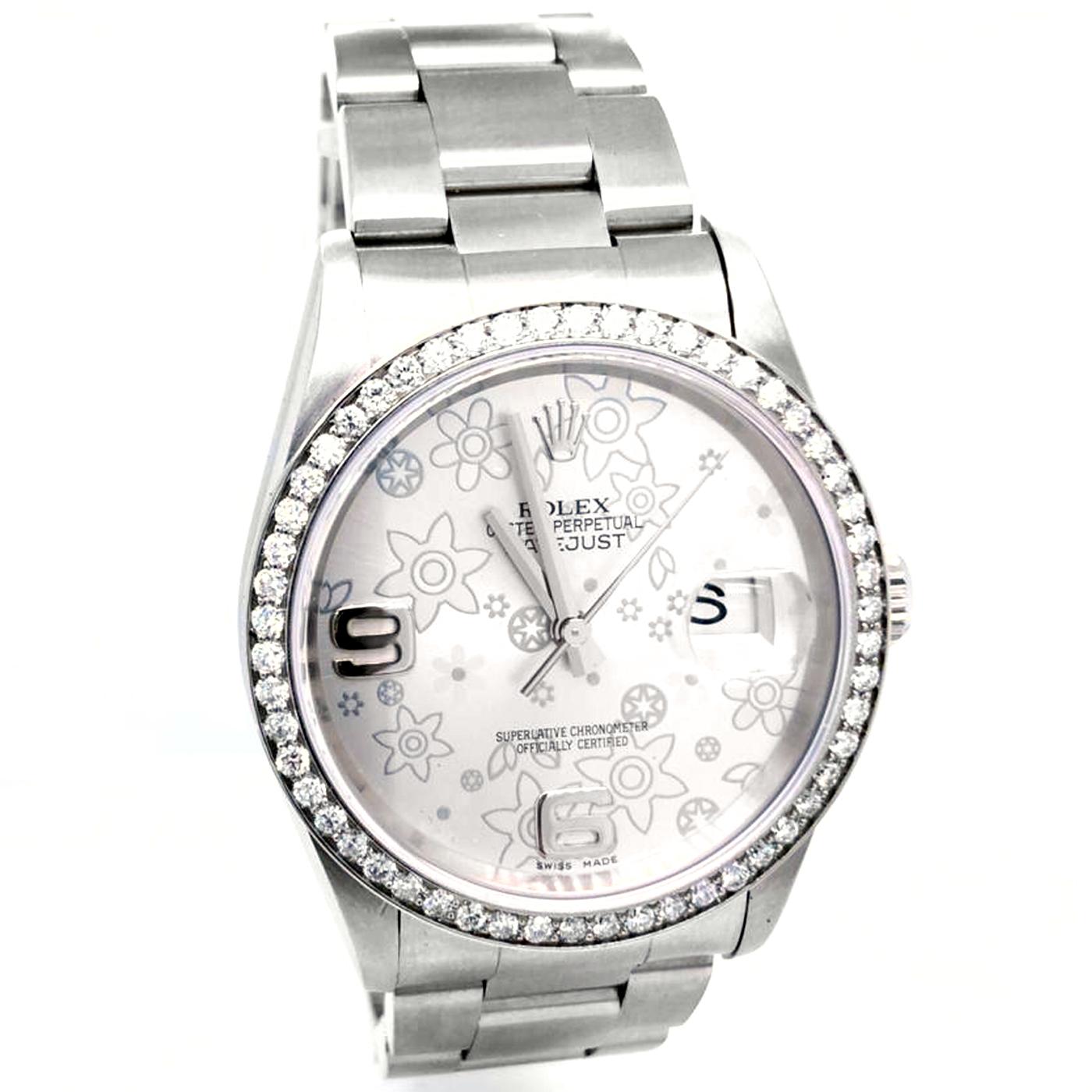 Modernist Rolex Datejust Oyster Perpetual Diamond Bezel Floral Motif Dial Steel Watch For Sale