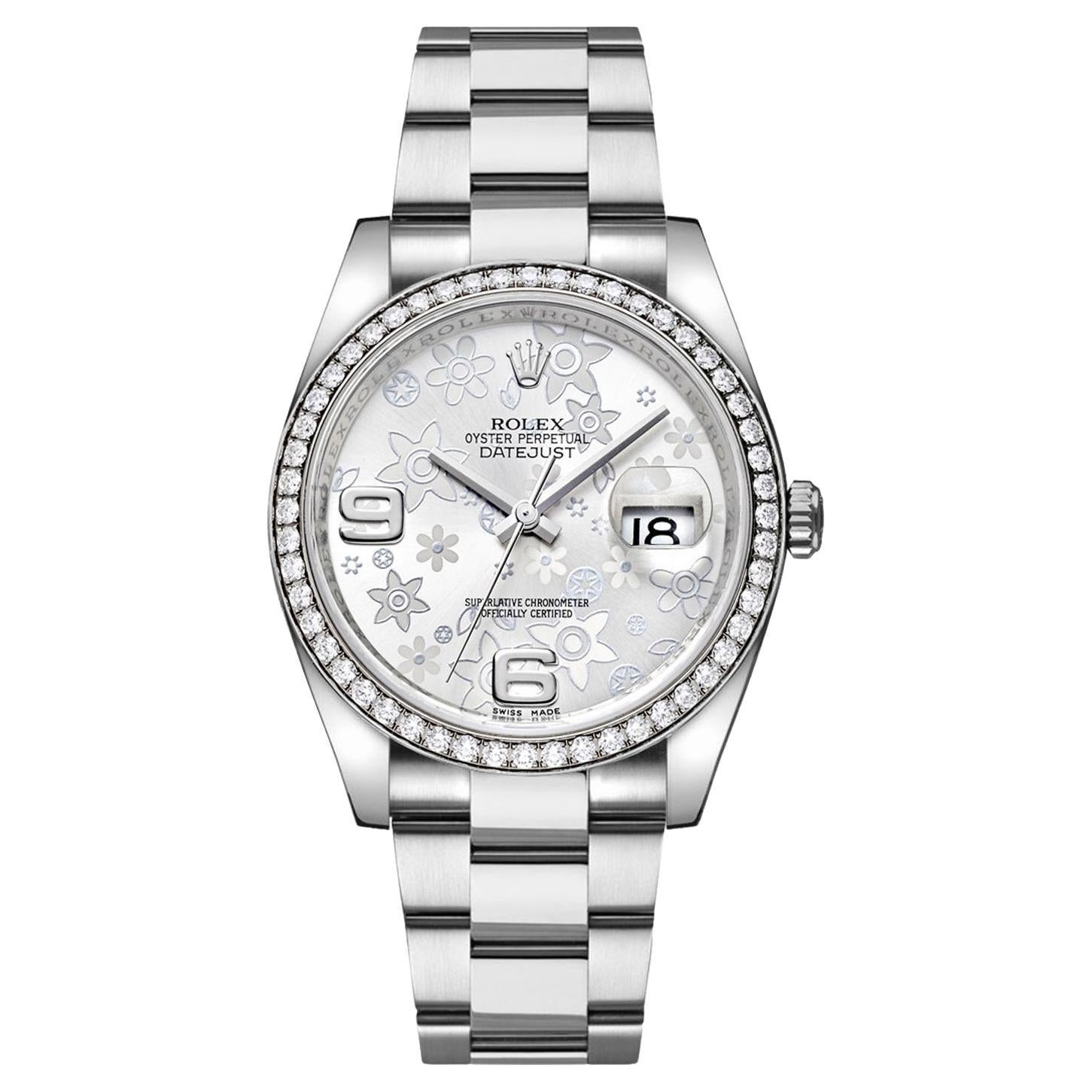 Rolex Datejust Oyster Perpetual Diamond Bezel Floral Motif Dial Steel Watch For Sale