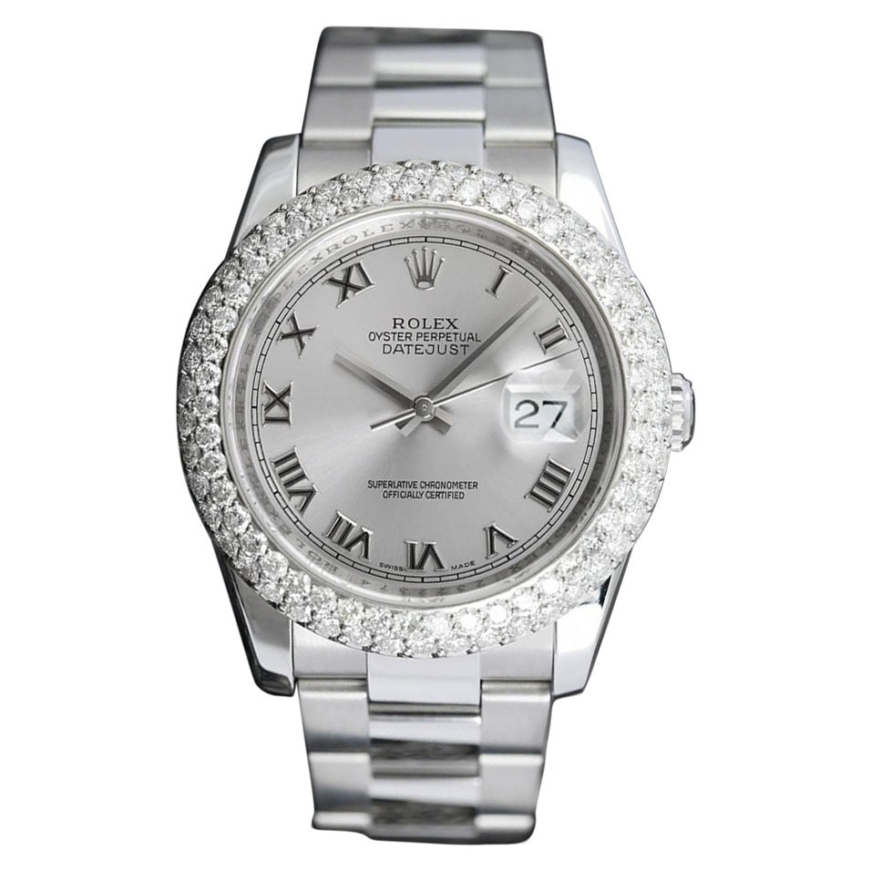 Rolex Montre Oyster à deux rangées de diamants, cadran à chiffres romains argentés en vente