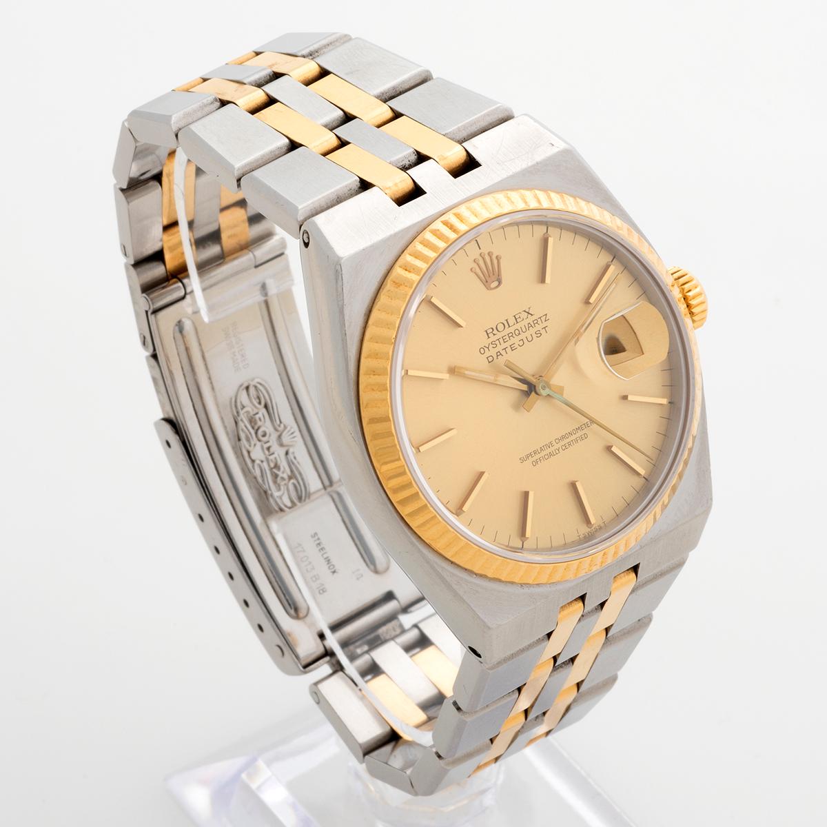 Our Rolex Datejust Oysterquartz features the classic 18k yellow gold case and bracelet with original champagne dial with original patinated hands. Presented in unpolished condition with signs of use overall, the bracelet is however strong and with